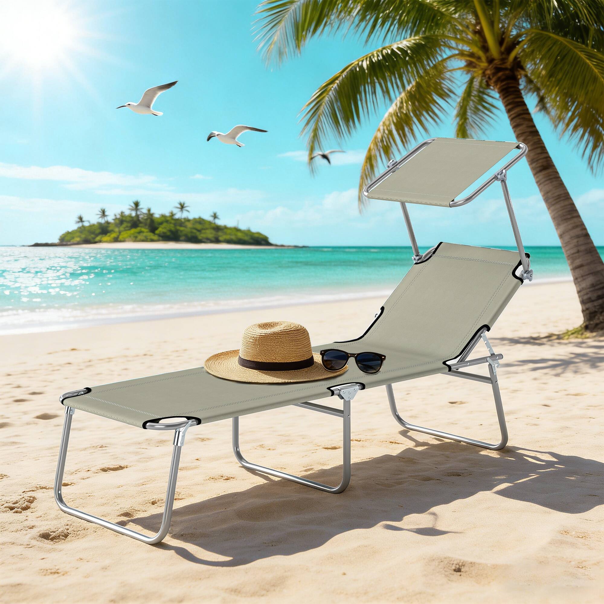 Alt View 8. Outsunny - Outdoor Lounge Chair, Adjustable Folding Chaise Lounge, Tanning Chair with Sun Shade for Beach, Camping, Hiking - Cream White.
