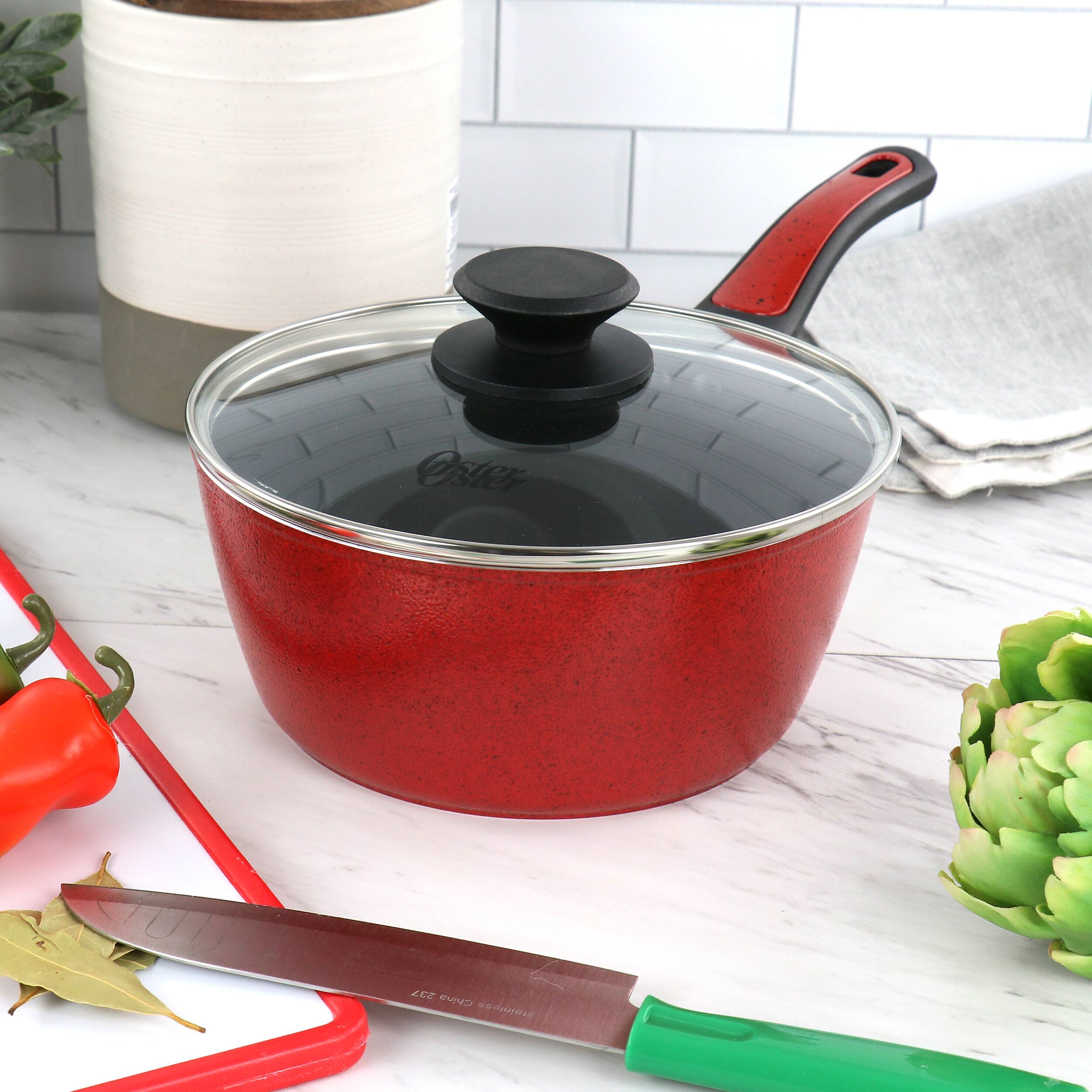 Oster - Claybon 2.2 Quart Nonstick Saucepan With Lid in Speckled - Red - Thumbnail 2