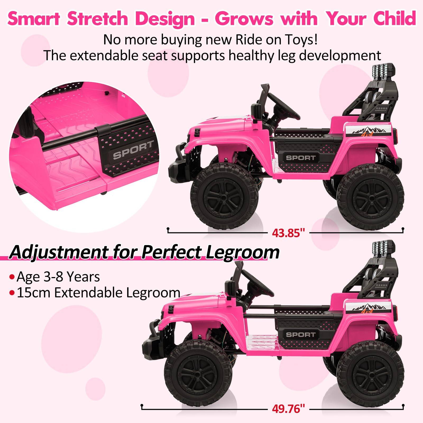 Smart Stretch Design - Grows with Your Child  
No more buying new Ride on Toys!  
The extendable seat supports healthy leg development  

Adjustment for Perfect Legroom  
- Age 3-8 Years  
- 15cm Extendable Legroom  

43.85"  
49.76"