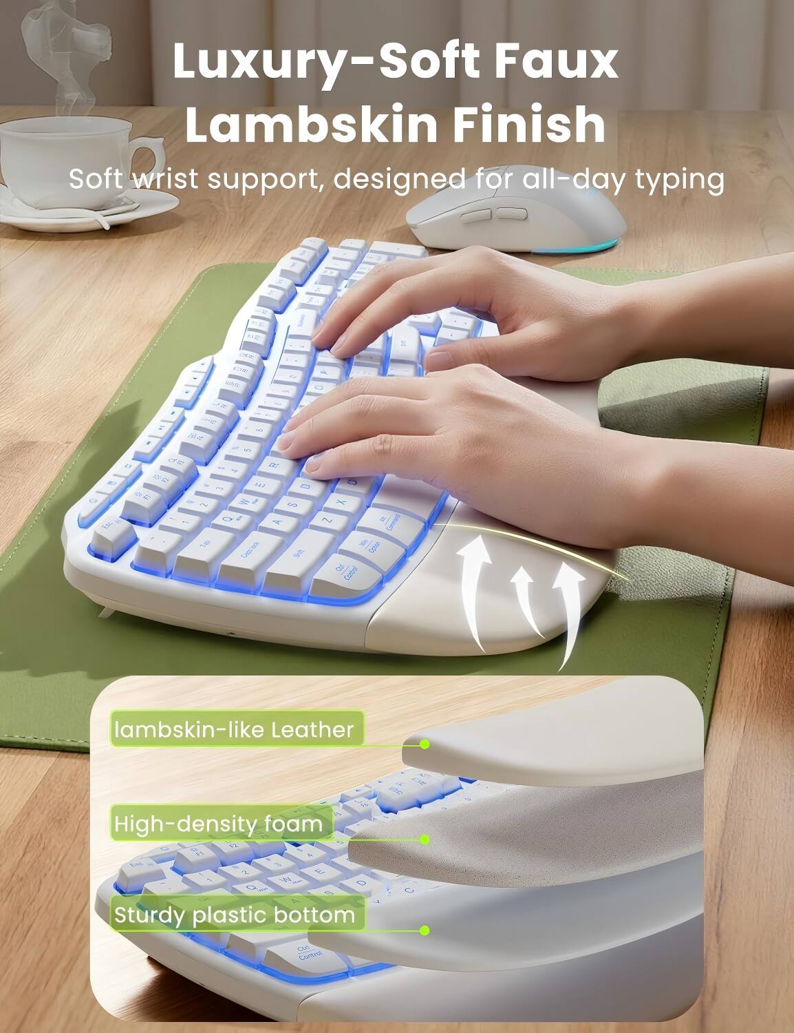 Luxury-Soft Faux Lambskin Finish Soft wrist support, designed for all-day typing

1. Lambskin-like Leather
2. High-density foam
3. Sturdy plastic bottom