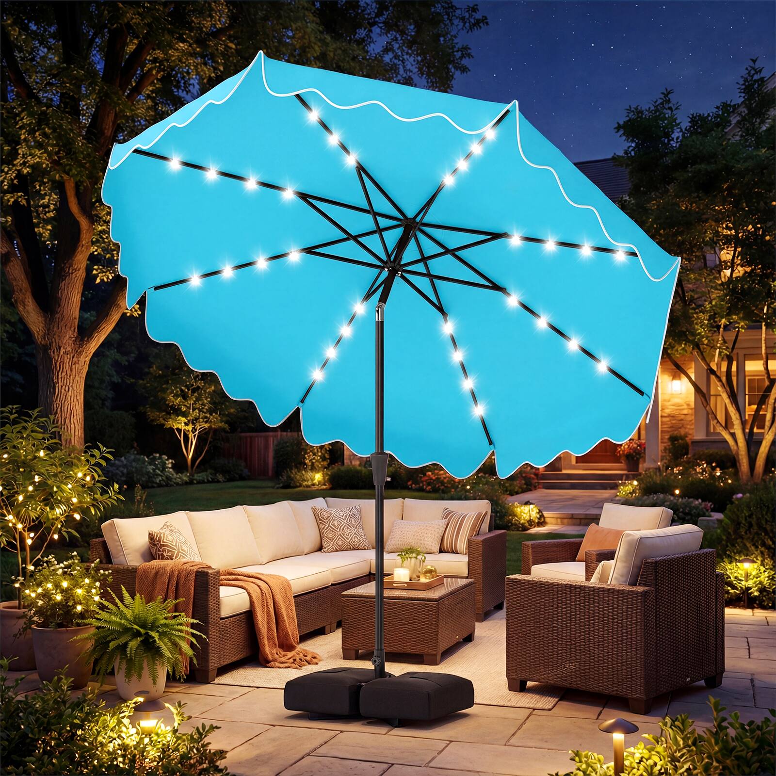 Alt View 1. Costway - Costway 10 FT Outdoor Patio Umbrella with 32 Solar LED Lights & Weighted Base, Sandbags - Turquoise.