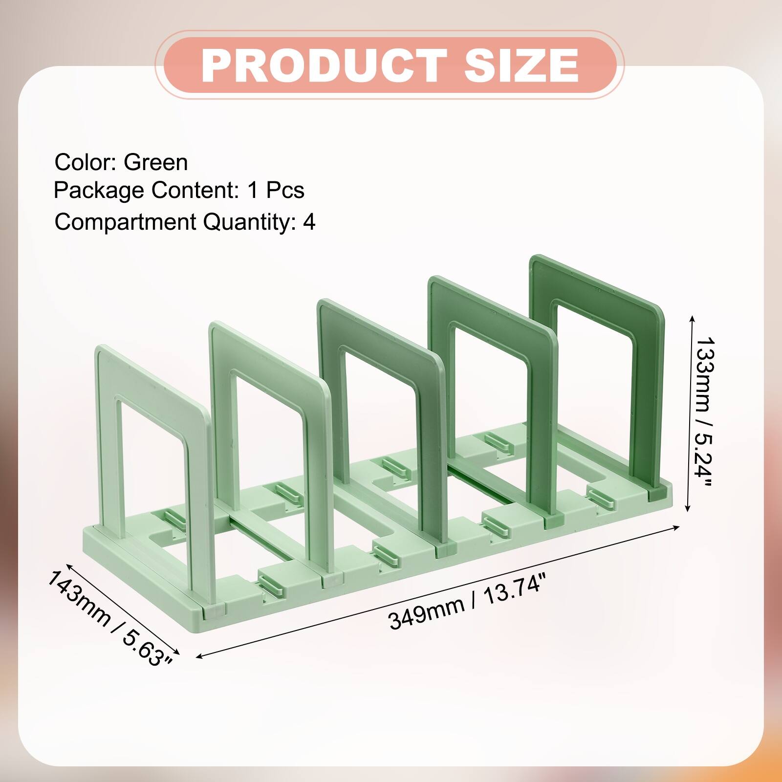 PRODUCT SIZE

Color: Green  
Package Content: 1 Pcs  
Compartment Quantity: 4  

133mm / 5.24"  
143mm / 5.63"  
349mm / 13.74"