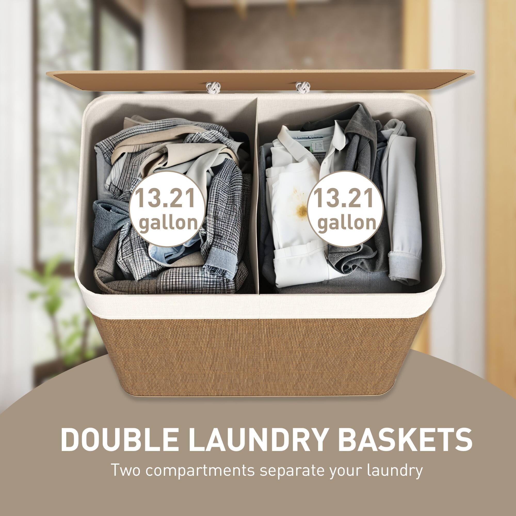 13.21 gallon, 13.21 gallon, DOUBLE LAUNDRY BASKETS, Two compartments separate your laundry