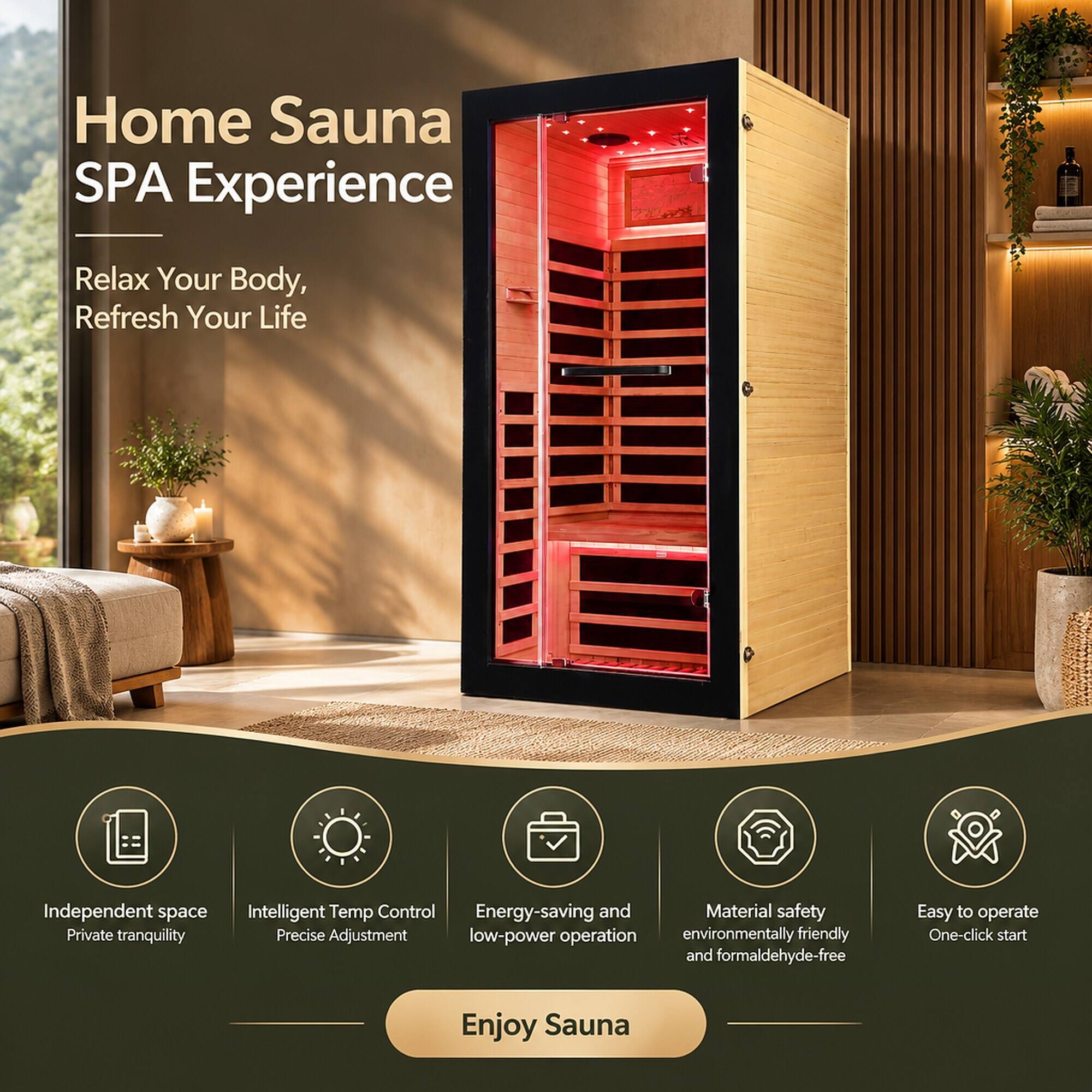 Home Sauna SPA Experience  
Relax Your Body, Refresh Your Life  

Independent space  
Private tranquility  

Intelligent Temp Control  
Energy-saving and low-power operation  
Material safety  
Environmentally friendly and formaldehyde-free  

Easy to operate  
One-click start  

Enjoy Sauna