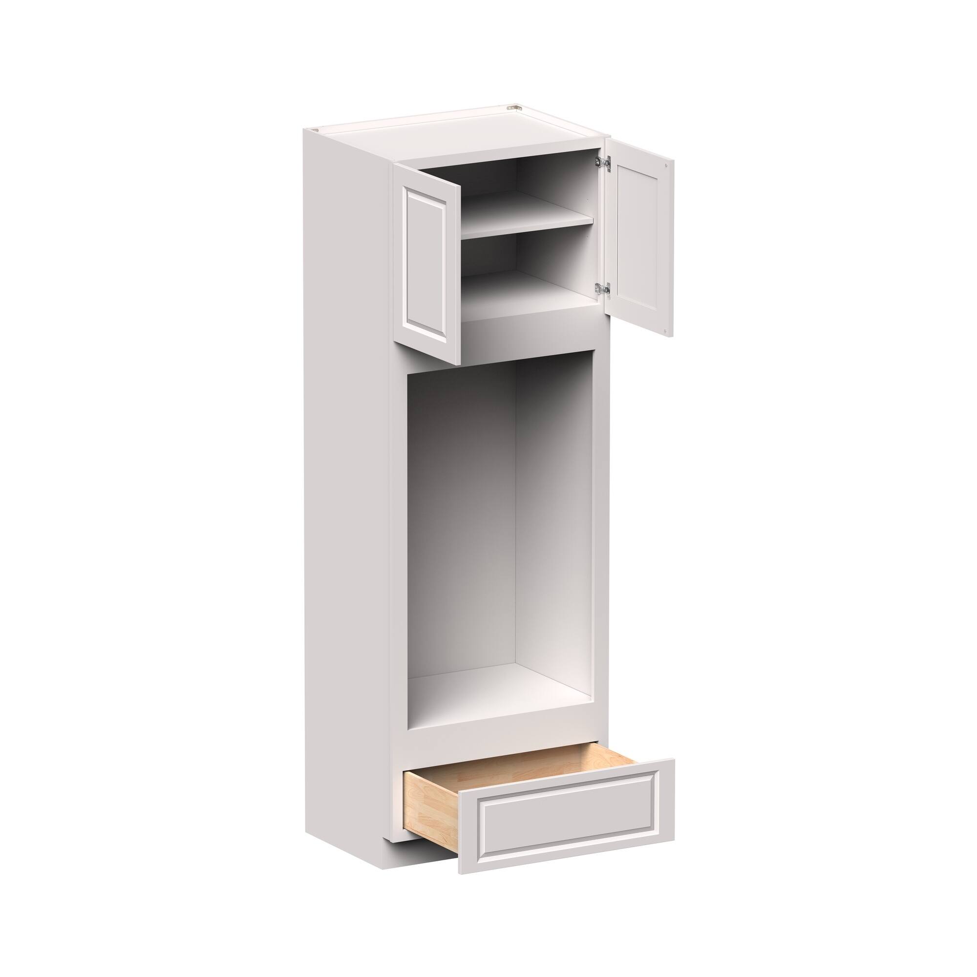 Front. Boyel Living - 33-in W x 96-in H x 27-in D Shaker Double Oven Tall Kitchen Cabinet with Drawer - Glacier White.