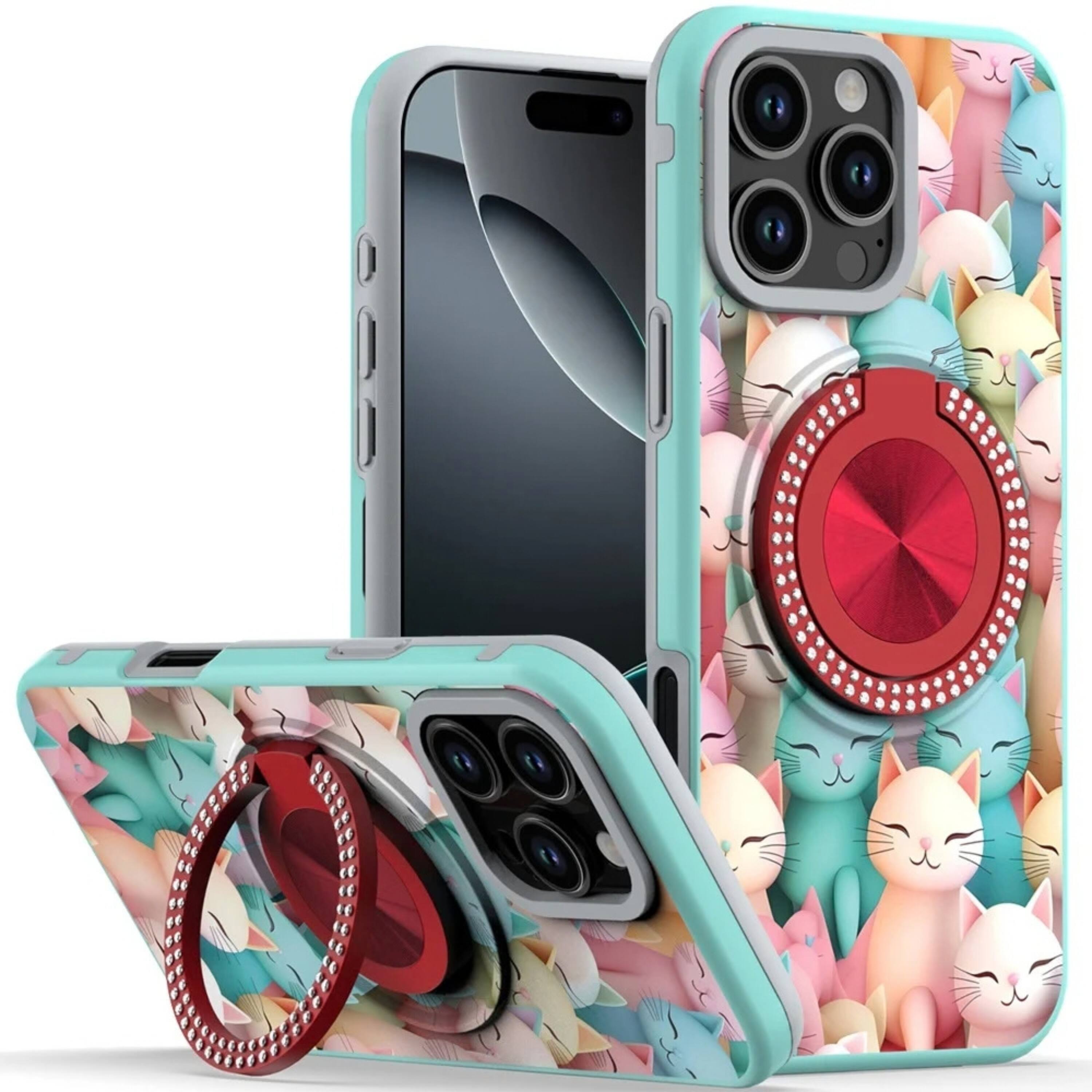 Front. Kitcheniva - Decorative 360 Rotating Ring Stand Phone Case With Tempered Glass For iPhone 16 6.1 Inch Cats - Cats.