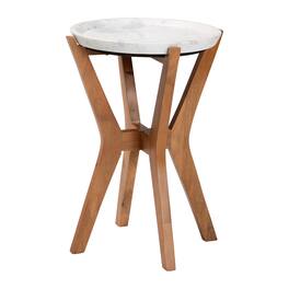 Baxton Studio - Phaedra Round Marble End Table - Modern Accent Table with Mango Wood Frame and Tray Tabletop - Marble White/Walnut Brown