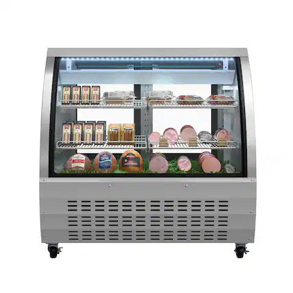 The image features a refrigerator filled with various types of meat, including ham, sausage, and bacon. The refrigerator is stocked with a total of 13 different types of meat, making it a diverse selection for customers. The refrigerator is placed in a store, making it easily accessible for shoppers to purchase their desired meat products.