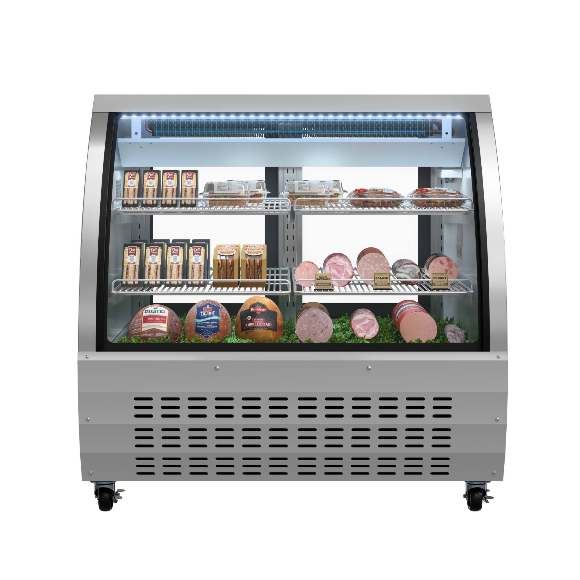 The image features a refrigerator filled with various types of meat, including ham, sausage, and bacon. The refrigerator is stocked with a total of 13 different types of meat, making it a diverse selection for customers. The refrigerator is placed in a store, making it easily accessible for shoppers to purchase their desired meat products.
