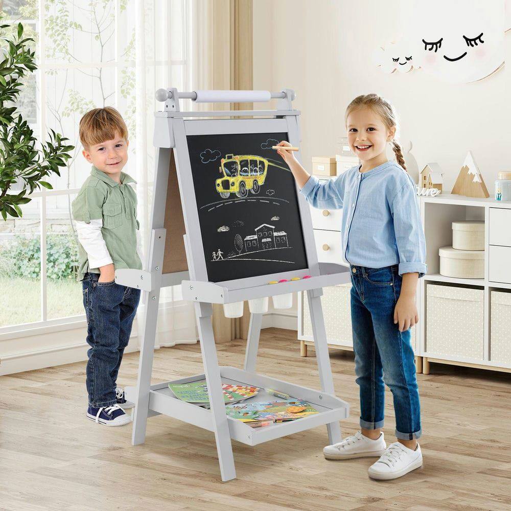 Alt View 4. Resenkos - 3-in-1 Double-Sided Kids Art Easel: Chalkboard & Whiteboard - Gray.