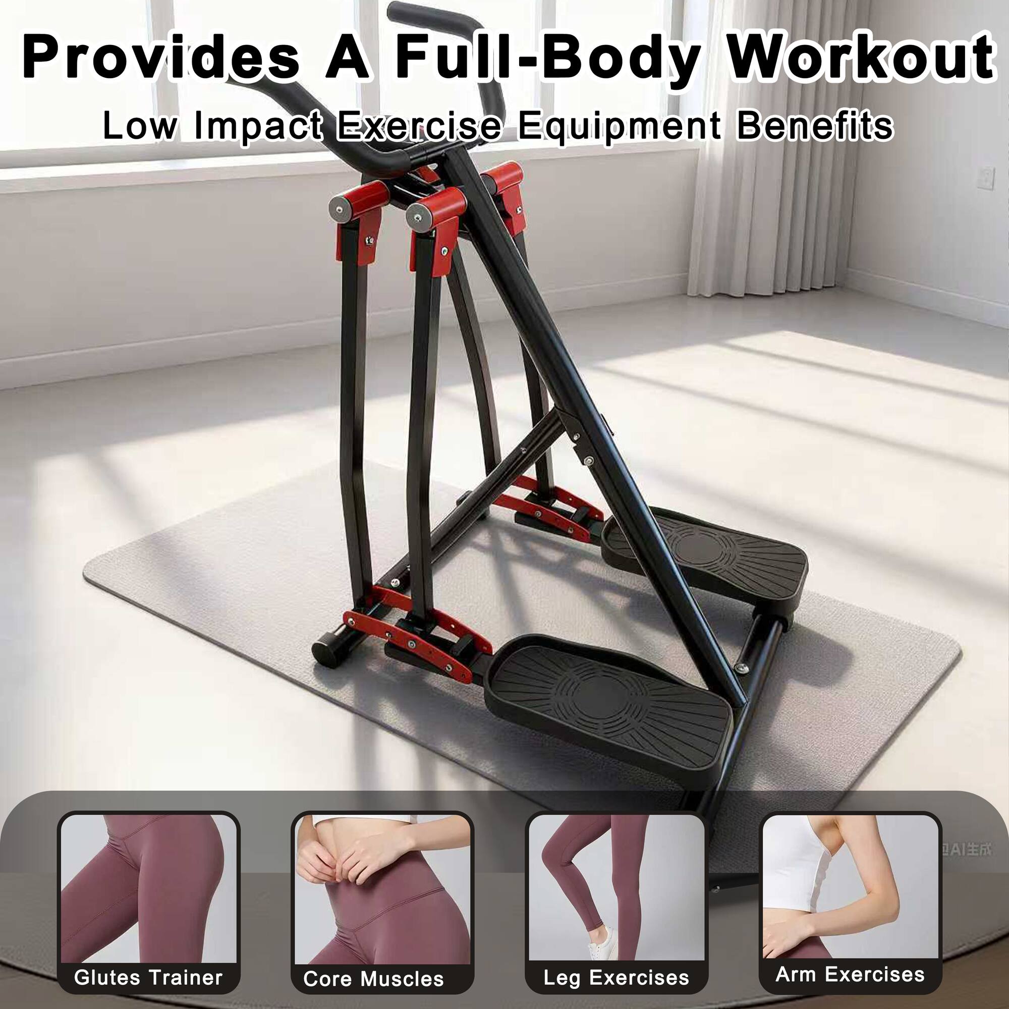 Provides A Full-Body Workout  
Low Impact Exercise Equipment Benefits  

- Glutes Trainer  
- Core Muscles  
- Leg Exercises  
- Arm Exercises