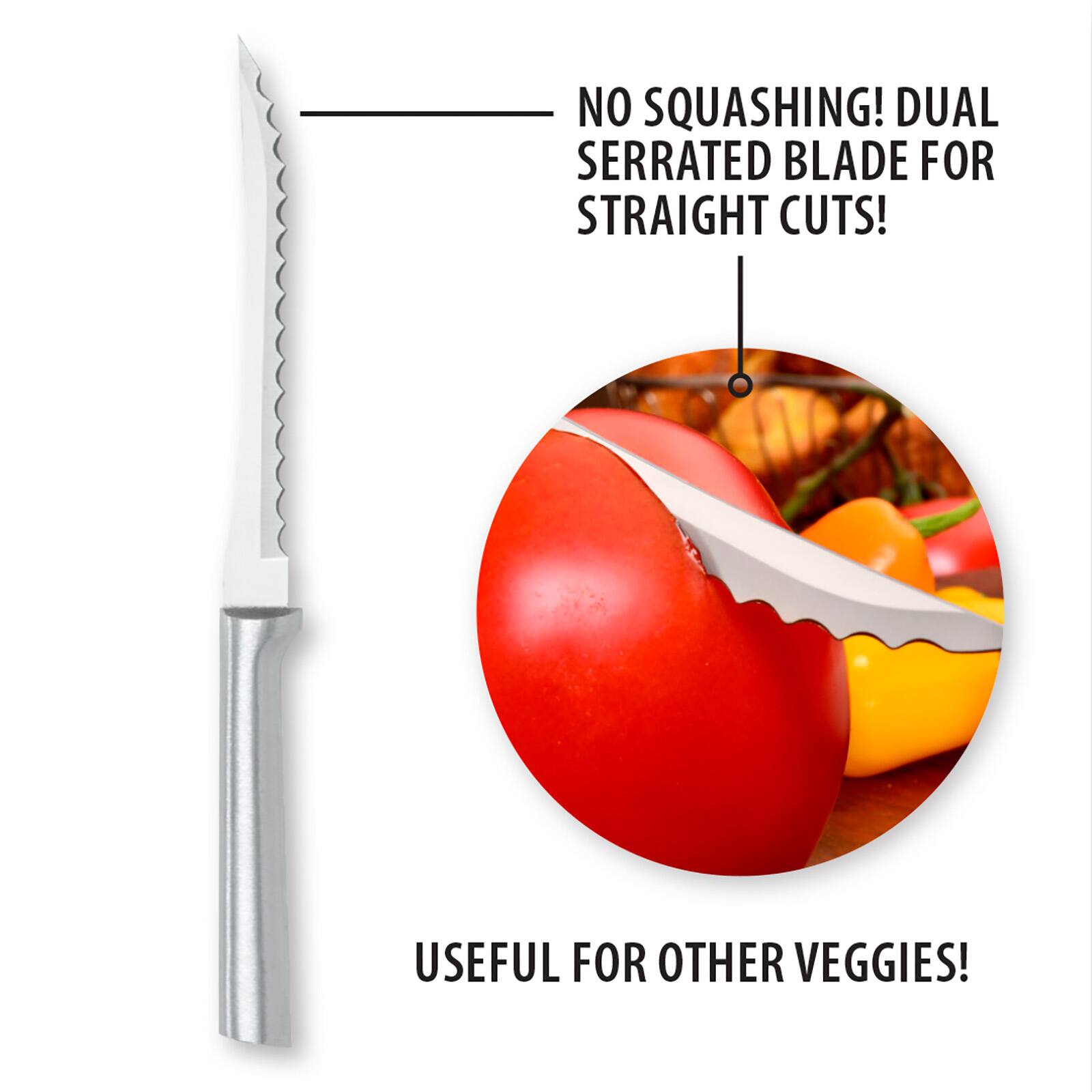 NO SQUASHING! DUAL SERRATED BLADE FOR STRAIGHT CUTS! USEFUL FOR OTHER VEGGIES!