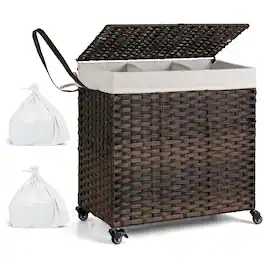 Costway - Laundry Hamper w/Wheels & Lid, 125L 3-Section Clothes Hamper w/2 Liner Bags - Brown