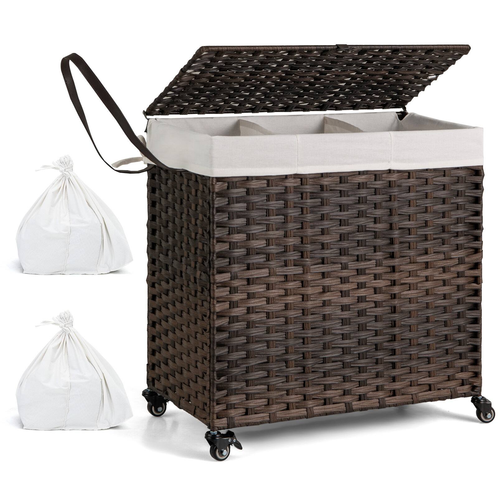 Costway - Laundry Hamper w/Wheels & Lid, 125L 3-Section Clothes Hamper w/2 Liner Bags - Brown
