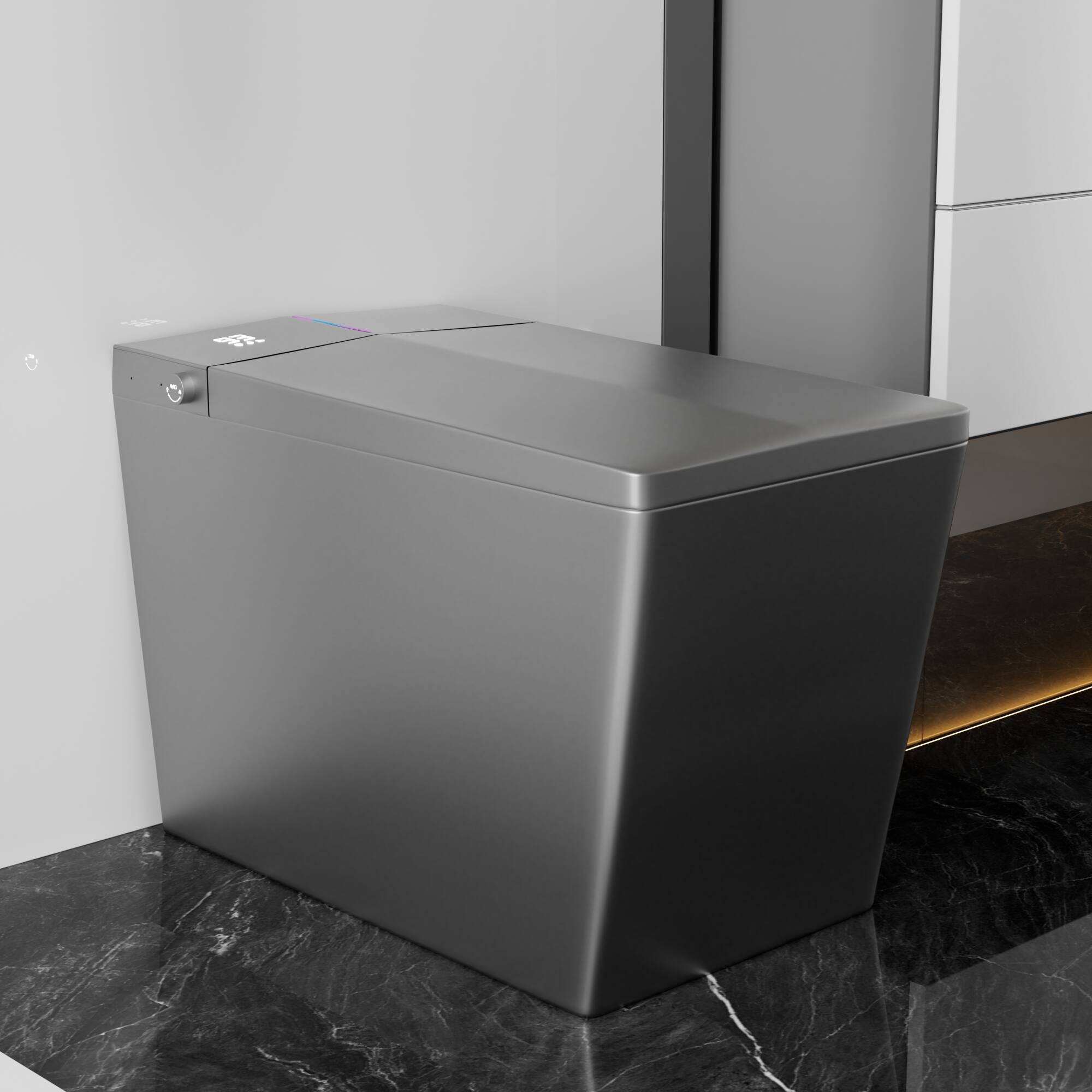 Front. ELEMENT ACE - Modern Square Smart Toilet with Remote Control, Auto Flush, Heated Seat, and LED Display for Ultimate Bathroom Comfort - Matte Gray.