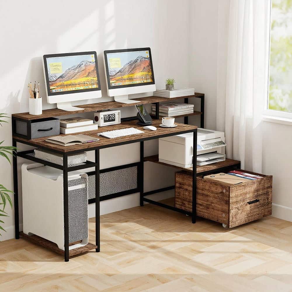 Kadyn - 67 Inch Computer Desk with Monitor Stand & File Drawer-Rustic Home Office Desks, Gaming Computer Desks for Study - Brown