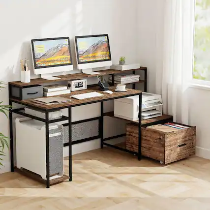 Front. Resenkos - 67 Inch Computer Desk with Monitor Stand & File Drawer-Rustic Brown, Home Office Desks, Gaming Computer Desks for Study - Brown.