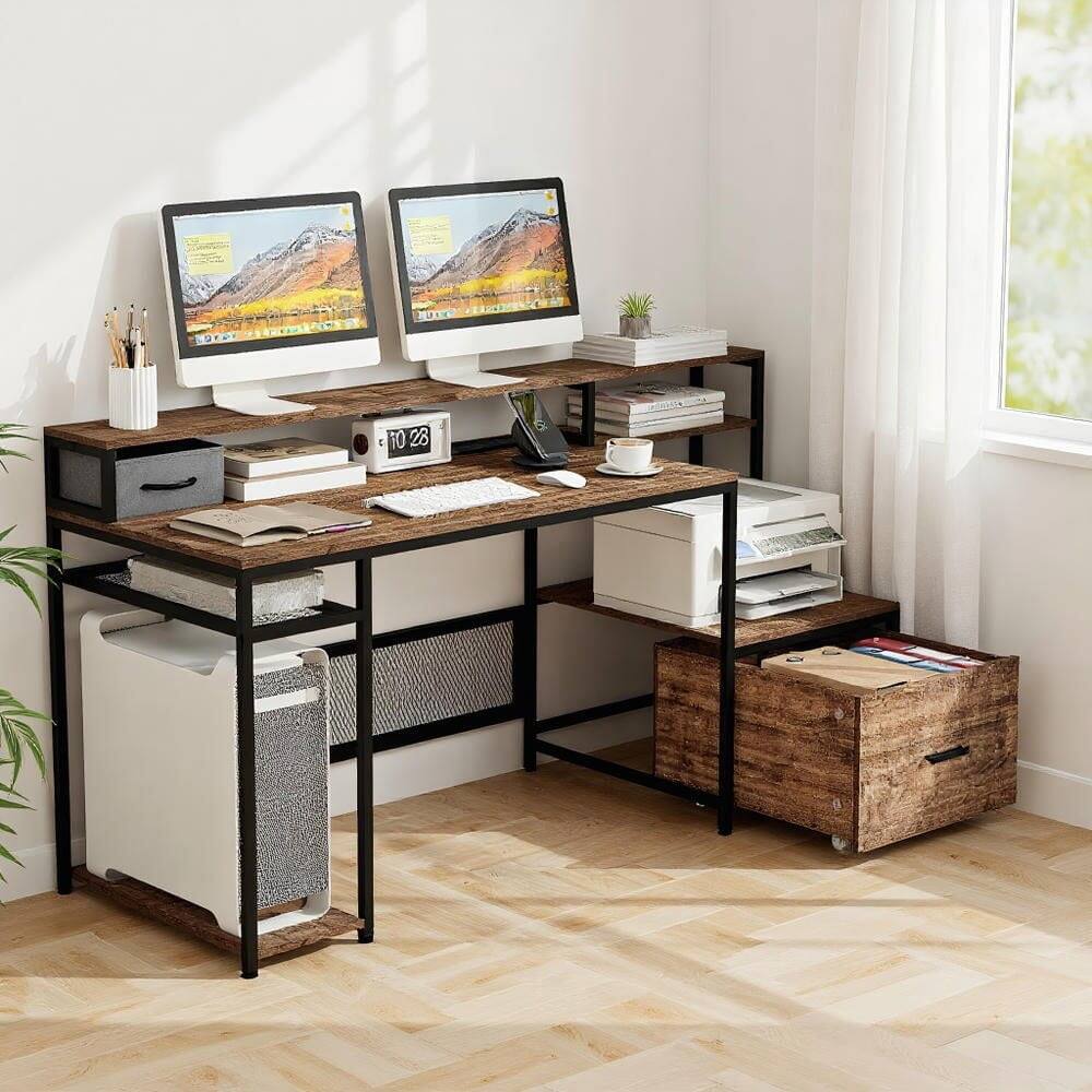Front. Kadyn - 67 Inch Computer Desk with Monitor Stand & File Drawer-Rustic Brown, Home Office Desks, Gaming Computer Desks for Study - Brown.