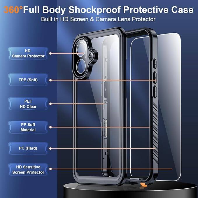 360° Full Body Shockproof Protective Case, Built in HD Screen & Camera Lens Protector, HD Camera Protector, PET (Soft), PET HD Clear, PP Soft Material, PC (Hard), HD Sensitive Screen Protector