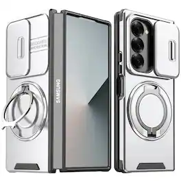 Dteck - for Samsung Galaxy Z Fold8 Ultra Case with Camera Slide Cover, Shockproof Rugged Cover with Magnetic Ring Stand - Silver