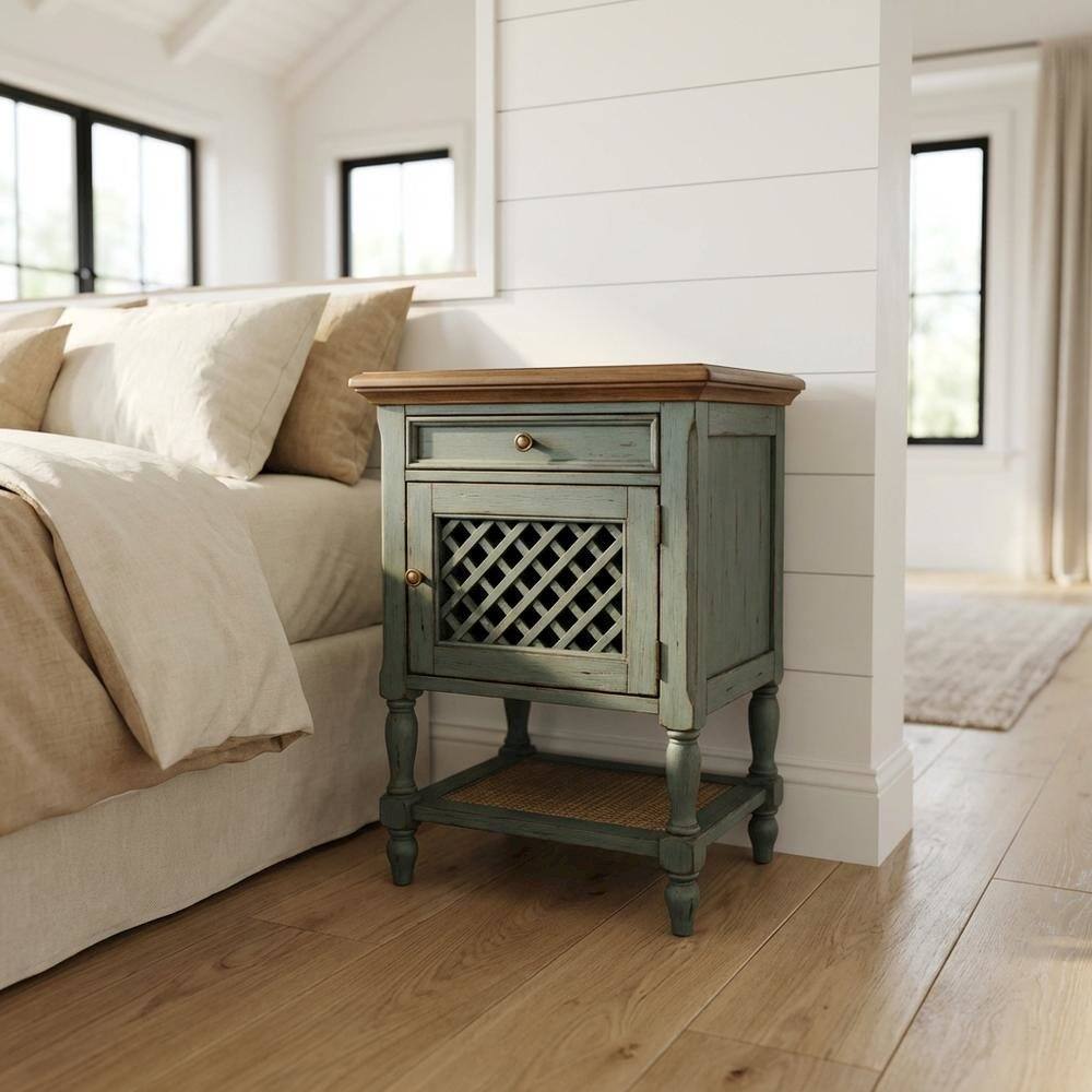 Alt View 4. Starlight Canyon Home - Rustic Nightstand with Drawer, Traditional Wood Side Table for Bedroom - Green.