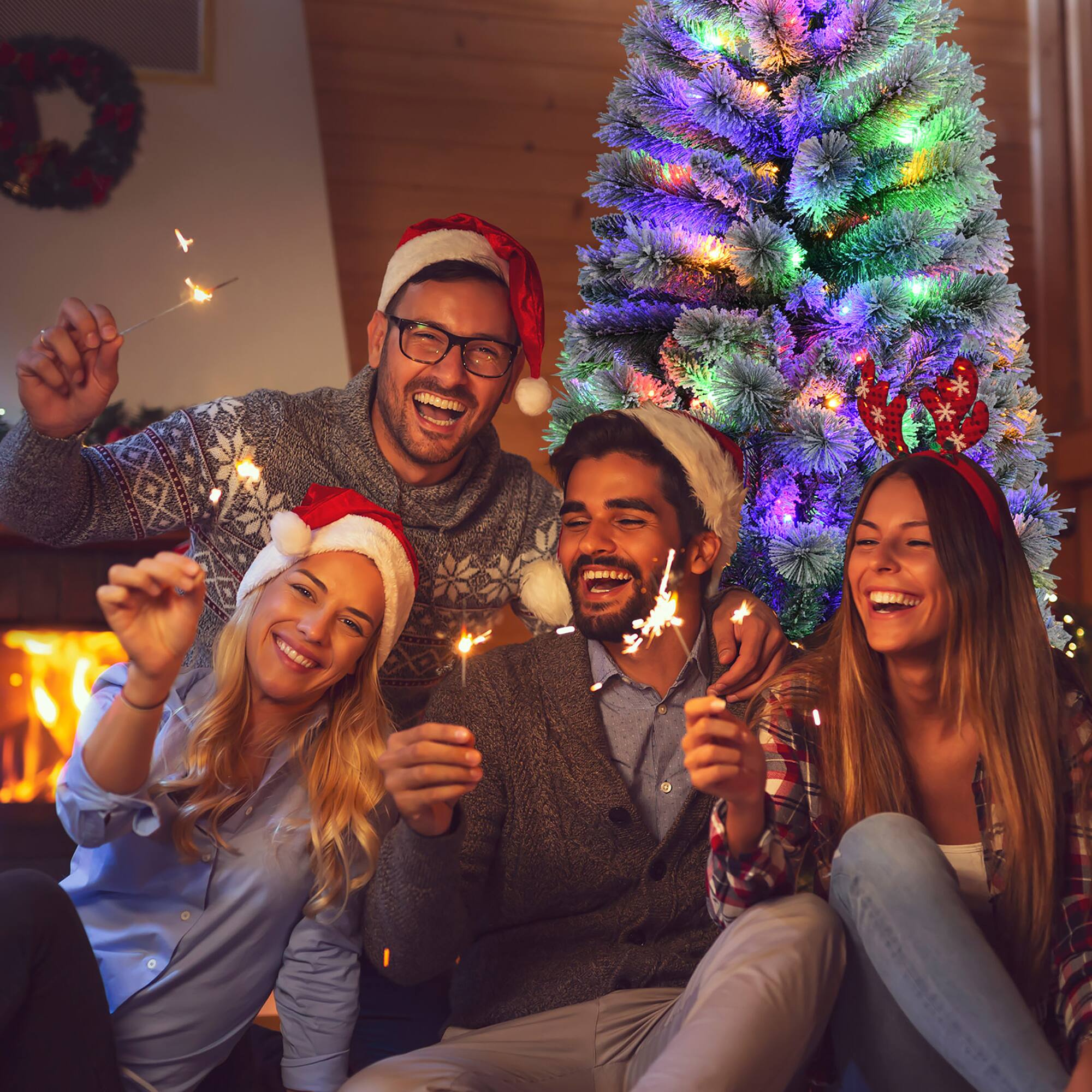 Alt View 21. Costway - 6FT Pre-Lit Hinged Christmas Tree Snow Flocked w/9 Modes Remote Control Lights - Green/White.