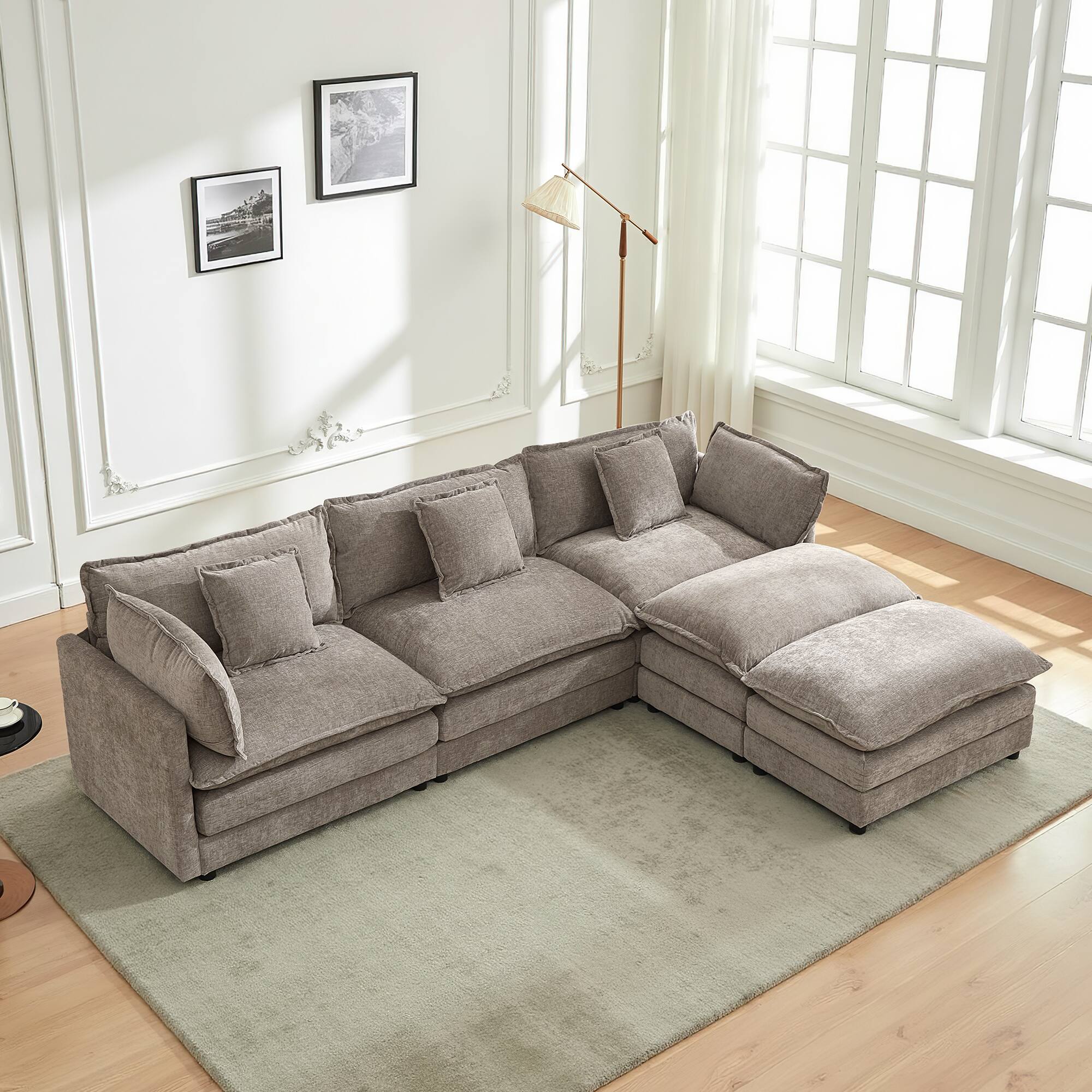 Front. KERDOM - Modular 3 Seat Sofa Set with 2 Ottomans, Chenille Sleeper Sofa Bed, Convertible Sectional L Shaped Couch Chaise Longue - Grey.