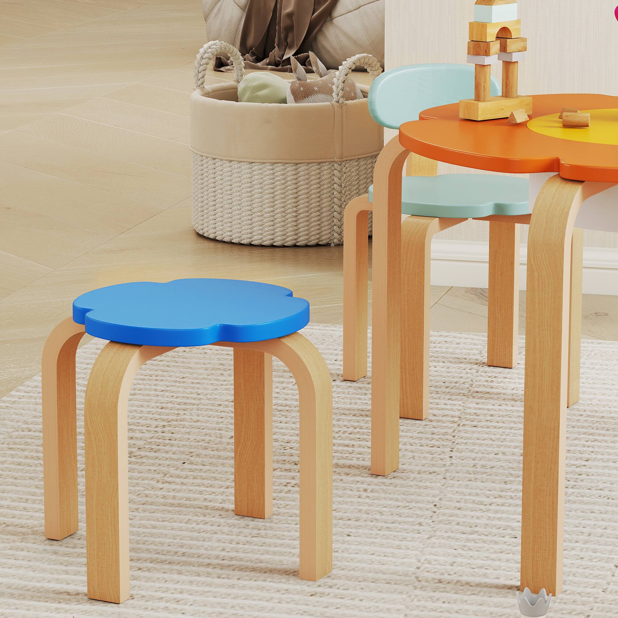 Alt View 5. Qaba - Kids Table and 4 Chairs Set, 5 Piece Wooden Set w/Built-in Storage, Flower-Shape Table, for Drawing, Playroom, Nursery - multi-coloured.