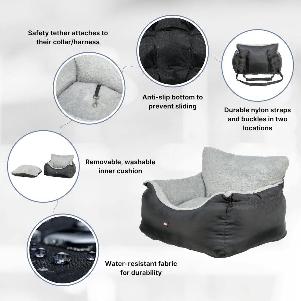 Safety tether attaches to their collar/harness  
Anti-slip bottom to prevent sliding  
Durable nylon straps and buckles in two locations  
Removable, washable inner cushion  
Water-resistant fabric for durability