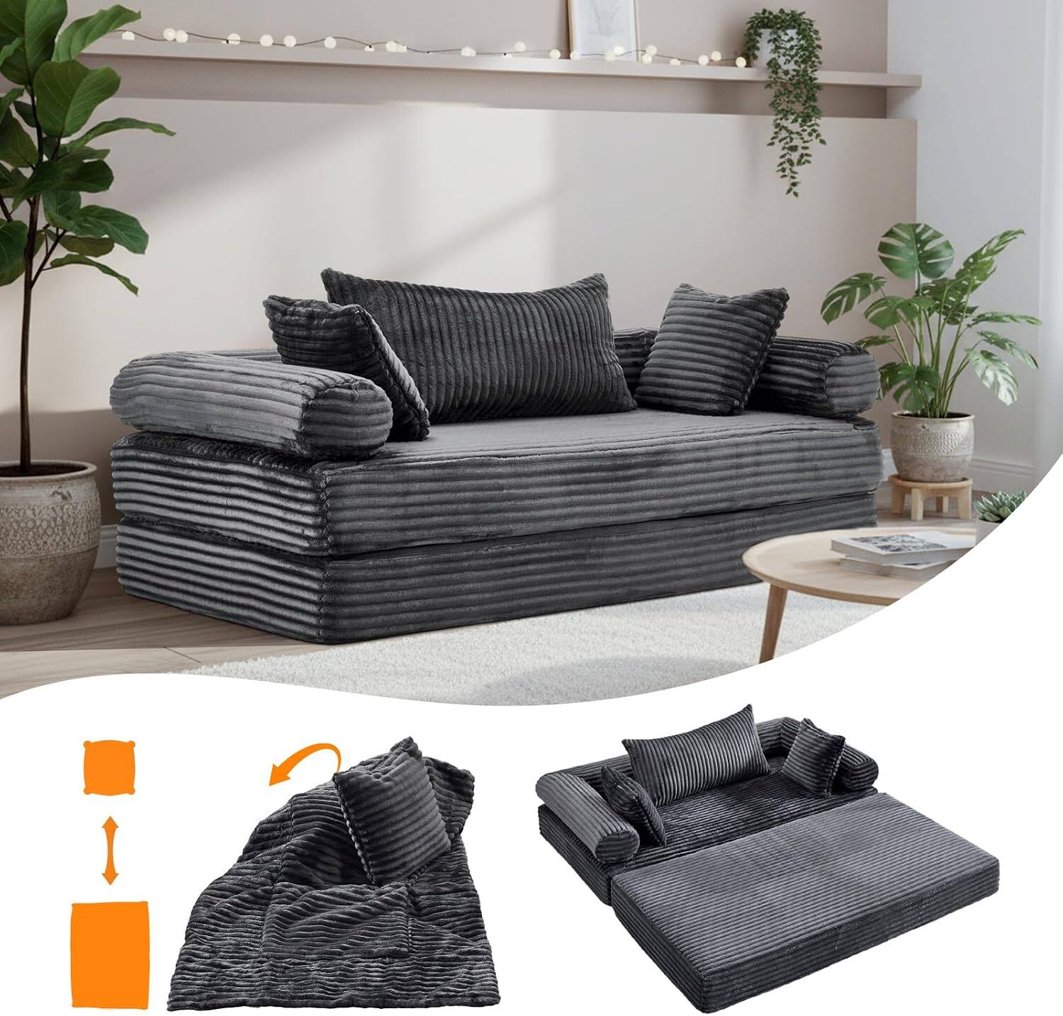 Alt View 6. Winado - Convertible Futon Sofa Bed Corduroy Couch Loveseat Sleeper Sofa, 2-in-1 Throw Pillow & Blanket Couches for Living Room - Dark Grey.