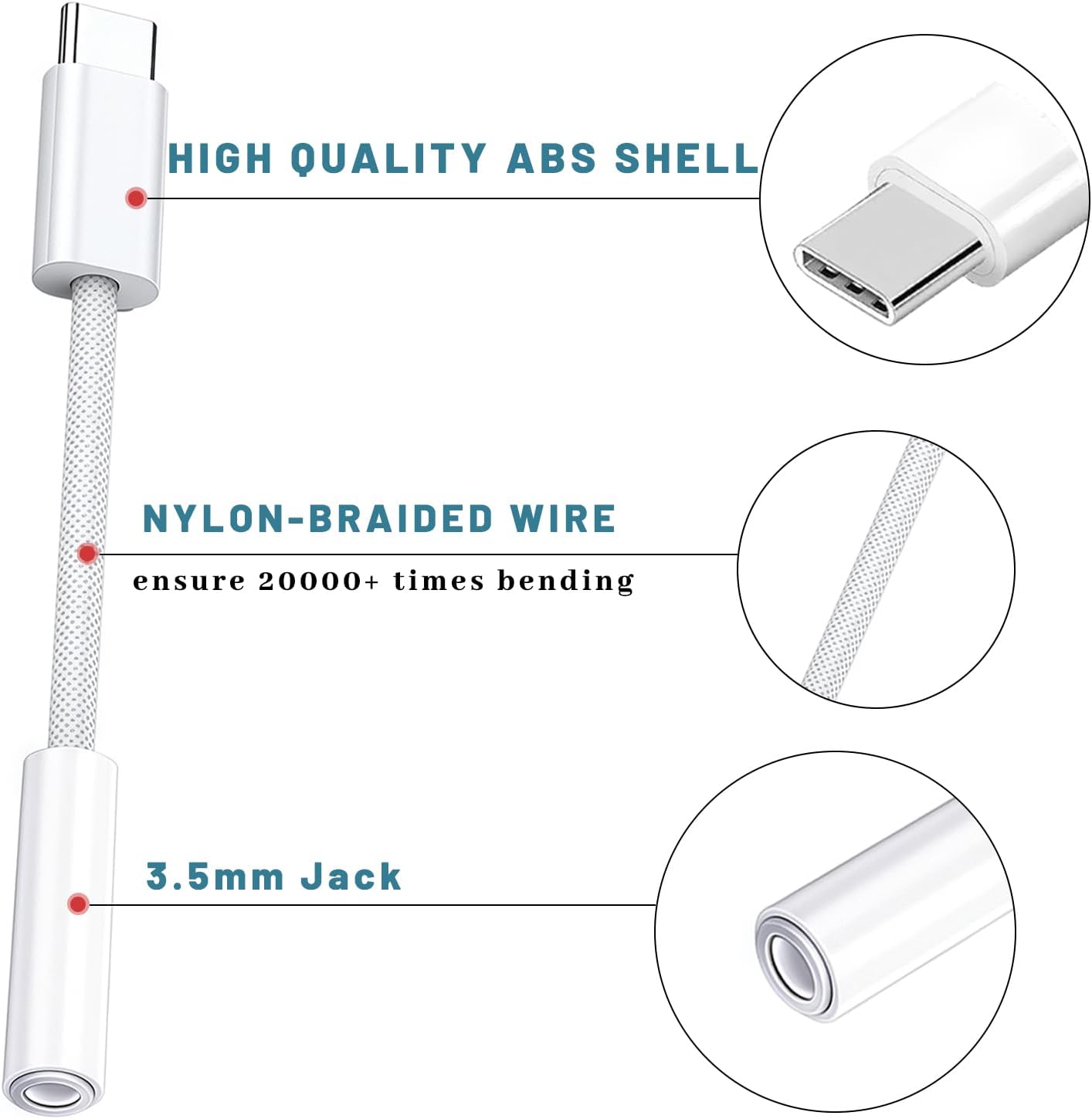 HIGH QUALITY ABS SHELL

NYLON-BRAIDED WIRE
ensure 20000+ times bending

3.5mm Jack