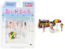 American Diorama - "Beach Girls" 5 piece Diecast Set (3 Figurines 1 Beach Chaise and 1 Beach Umbrella) for 1/64 Scale - Multi