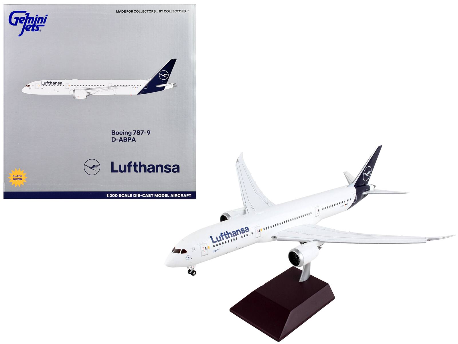 GeminiJets - Boeing 787-9 Commercial Aircraft with Flaps Down Lufthansa Tail Gemini 200 Series 1/200 & Airplane - White with Blue