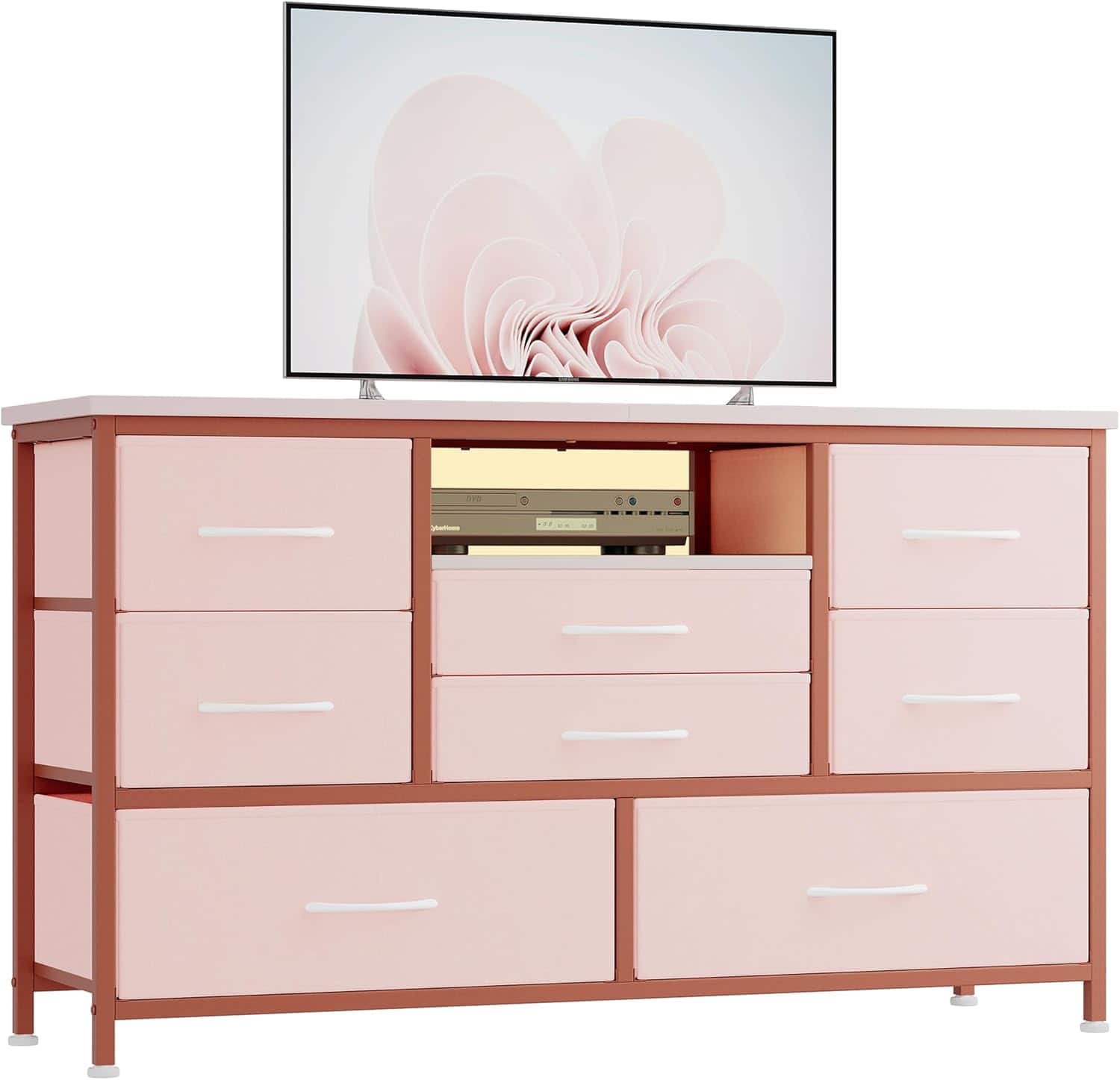 Maxxis Merch - 8 Drawer TV Cabinet with Socket, Dresser TV Stand for 50 Inch TV, TV Console Table with Storage, Adjustable Feet - Pink