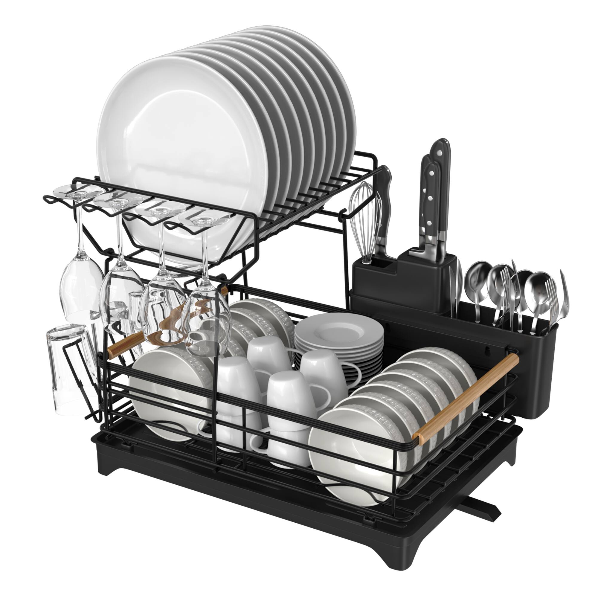 Front. Malletson - 2-Tier Dish Rack Bamboo-Handled Large Capacity Dish Drainer Organizer with Utensil Holder - BLACK.