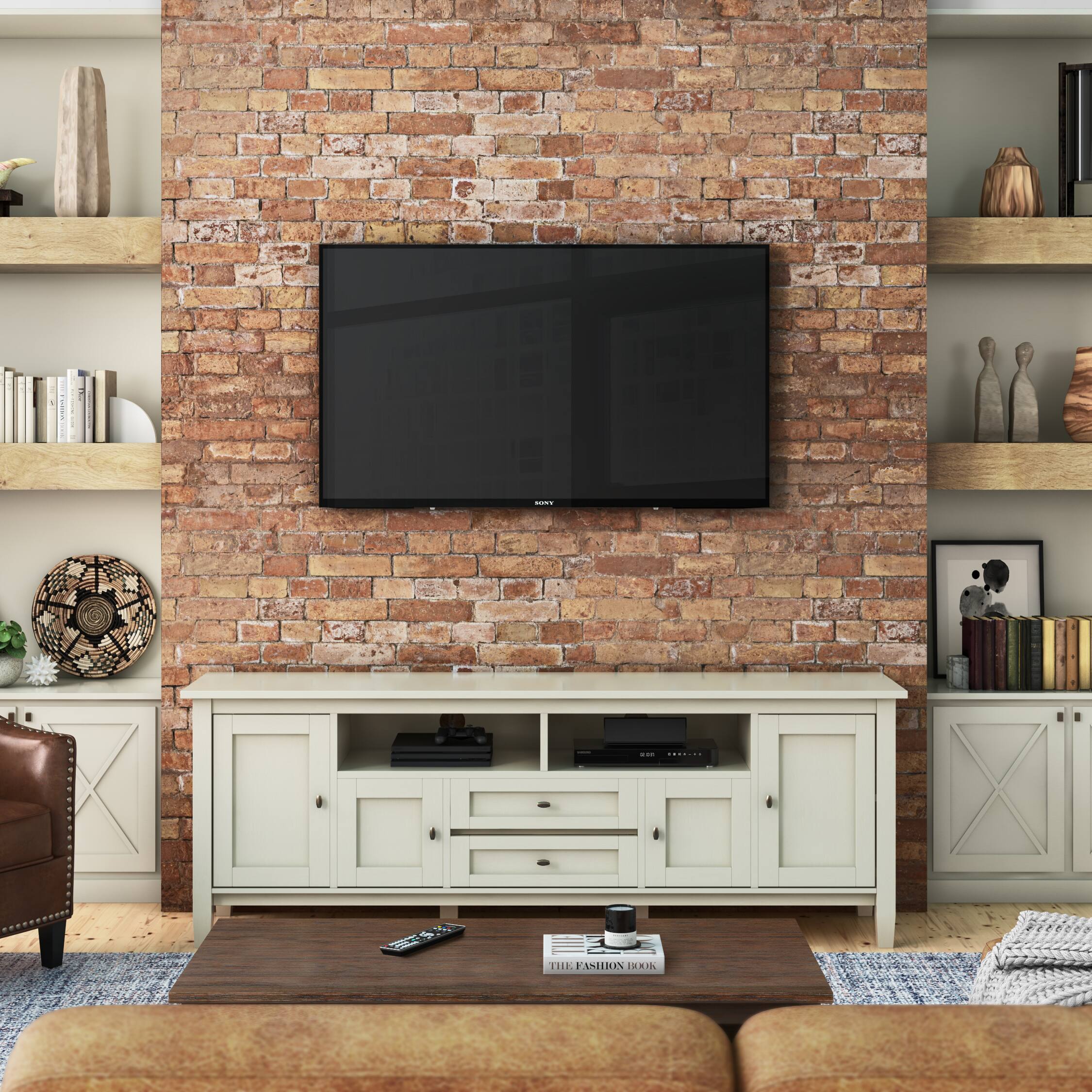 Left. Simpli Home - Warm Shaker SOLID WOOD 72 inch Wide Rustic TV Media Stand in Antique White For TVs up to 80 inches - Antique White.