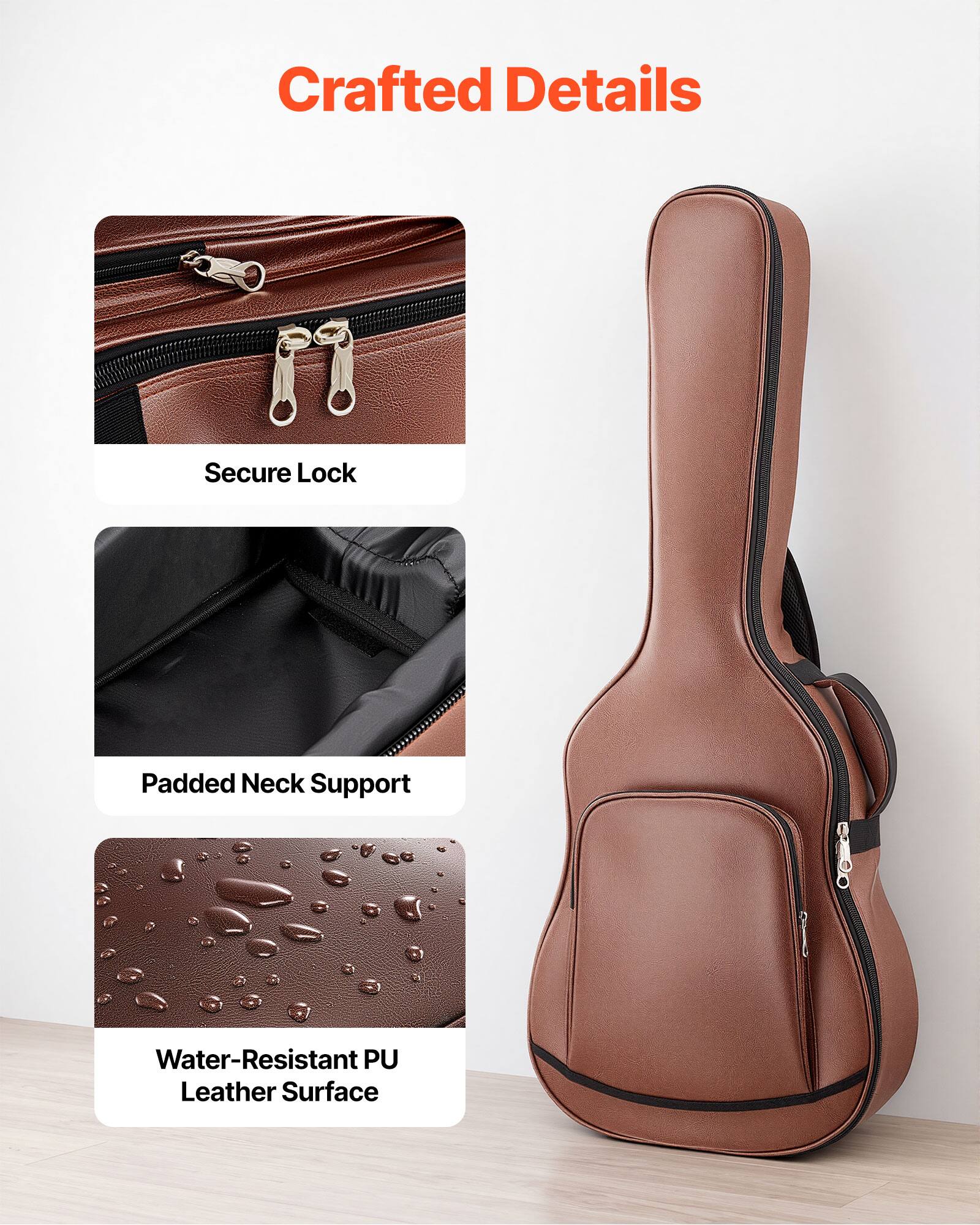 Crafted Details

Secure Lock

Padded Neck Support

Water-Resistant PU Leather Surface