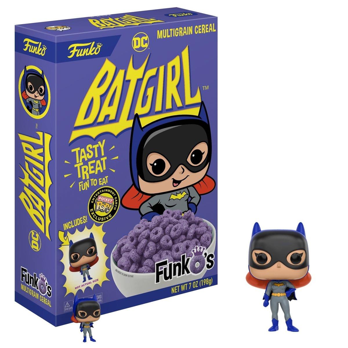 Sure, here is the corrected and grouped text from the image:

---

**Front of the Box:**

- **Funko**
- **DC**
- **BATGIRL™**
- **MULTIGRAIN CEREAL**
- **TASTY TREAT FUN TO EAT**
- **INCLUDES:**
  - **POCKET TOP!**
  - **EXCLUSIVE**
- **NET WT 7 OZ (198g)**
- **Funko's MULTIGRAIN CEREAL**

**Side of the Box:**

- **Funko**
- **BATGIRL™**
- **MULTIGRAIN CEREAL**

**Bottom Left of the Box:**

- **Funko's MULTIGRAIN CEREAL**
- **NOT ACTUAL SIZE**

**Bottom Right of the Box:**

- **Funko's MULTIGRAIN CEREAL**

**Additional Text:**

- **FUN TO EAT ENTERTAINMENT**
- **POCKET TOP!**

---
