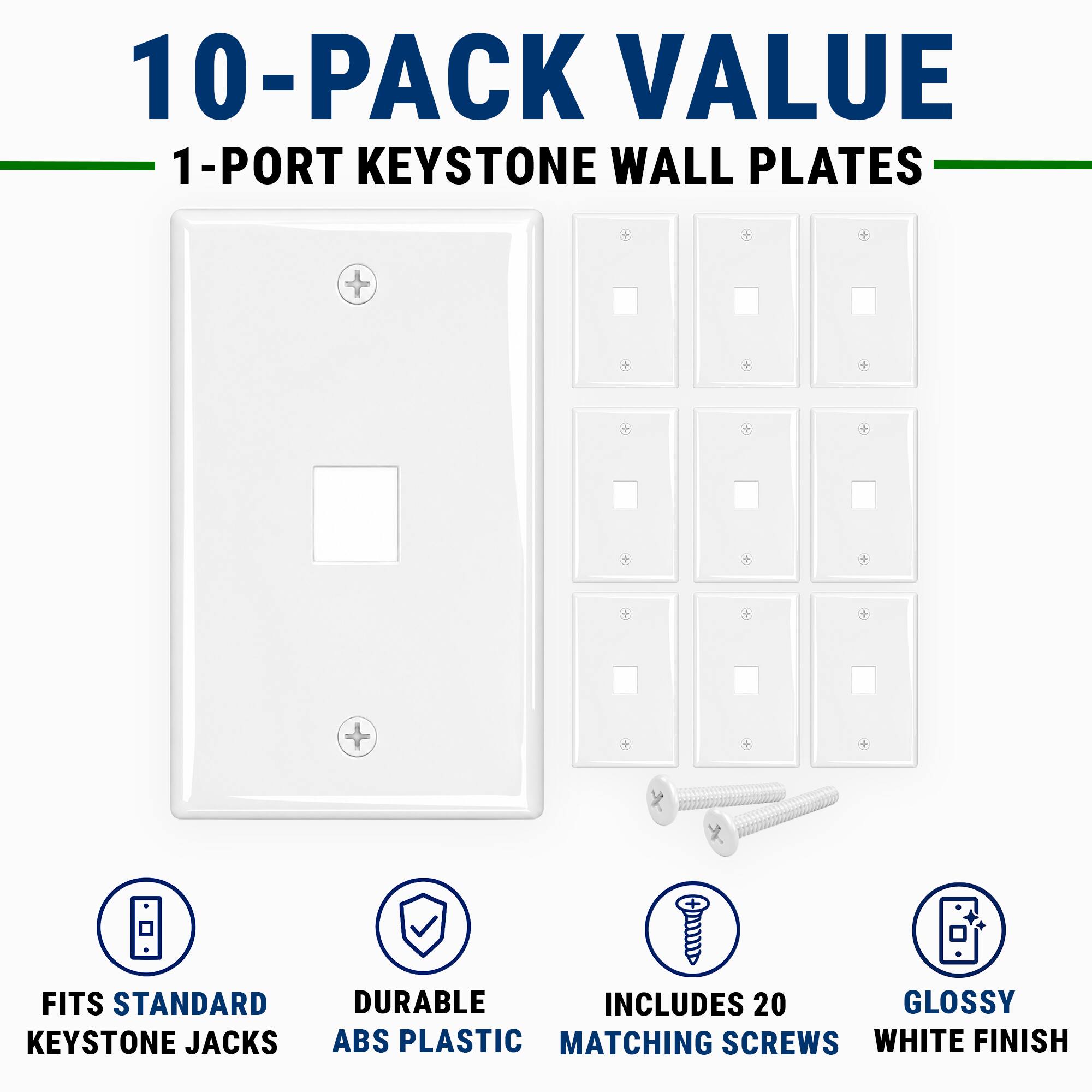 10-Pack Value 1-Port Keystone Wall Plates Fits Standard Keystone Jacks Durable Includes 20 Glossy ABS Plastic Matching Screws White Finish