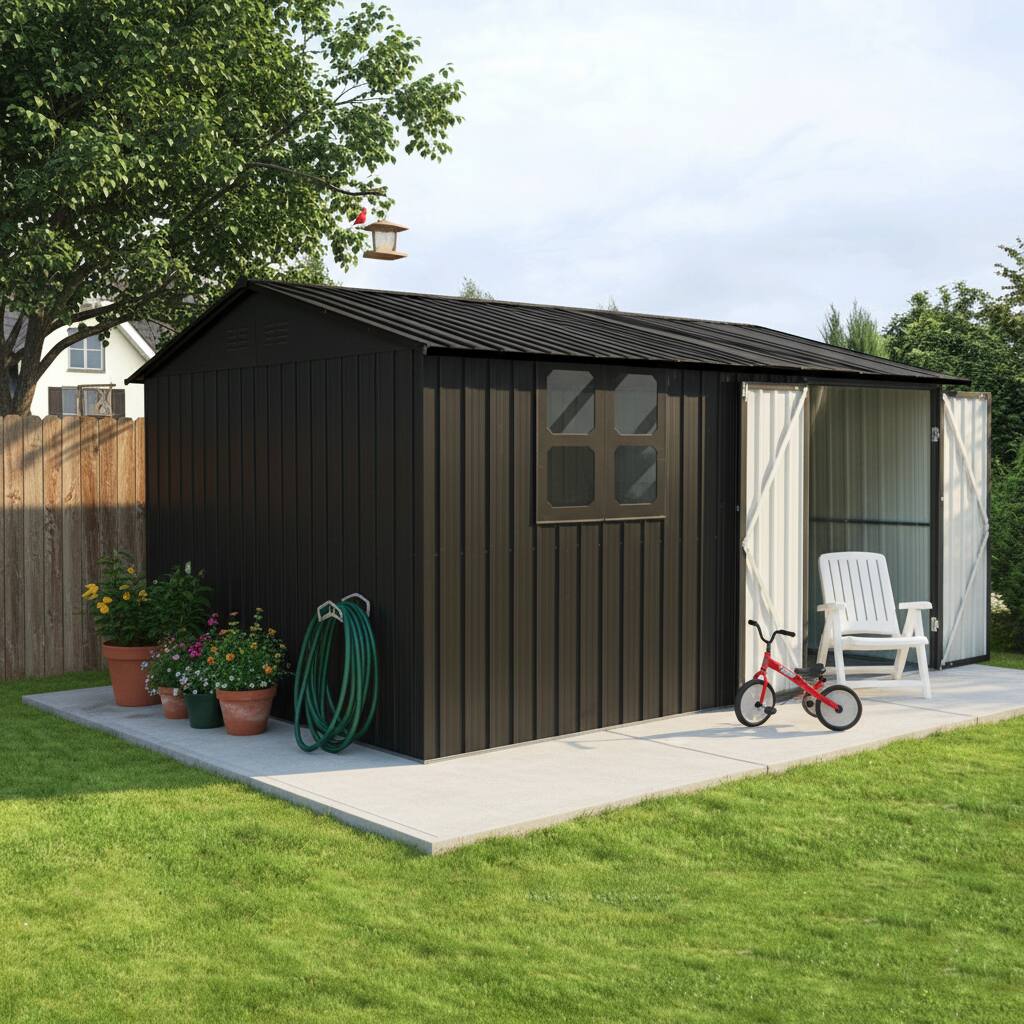 Alt View 1. Loheer - Loheer 12x10 Metal Shed Black Outdoor Storage Shed with Window Shelves and Apex Roof.