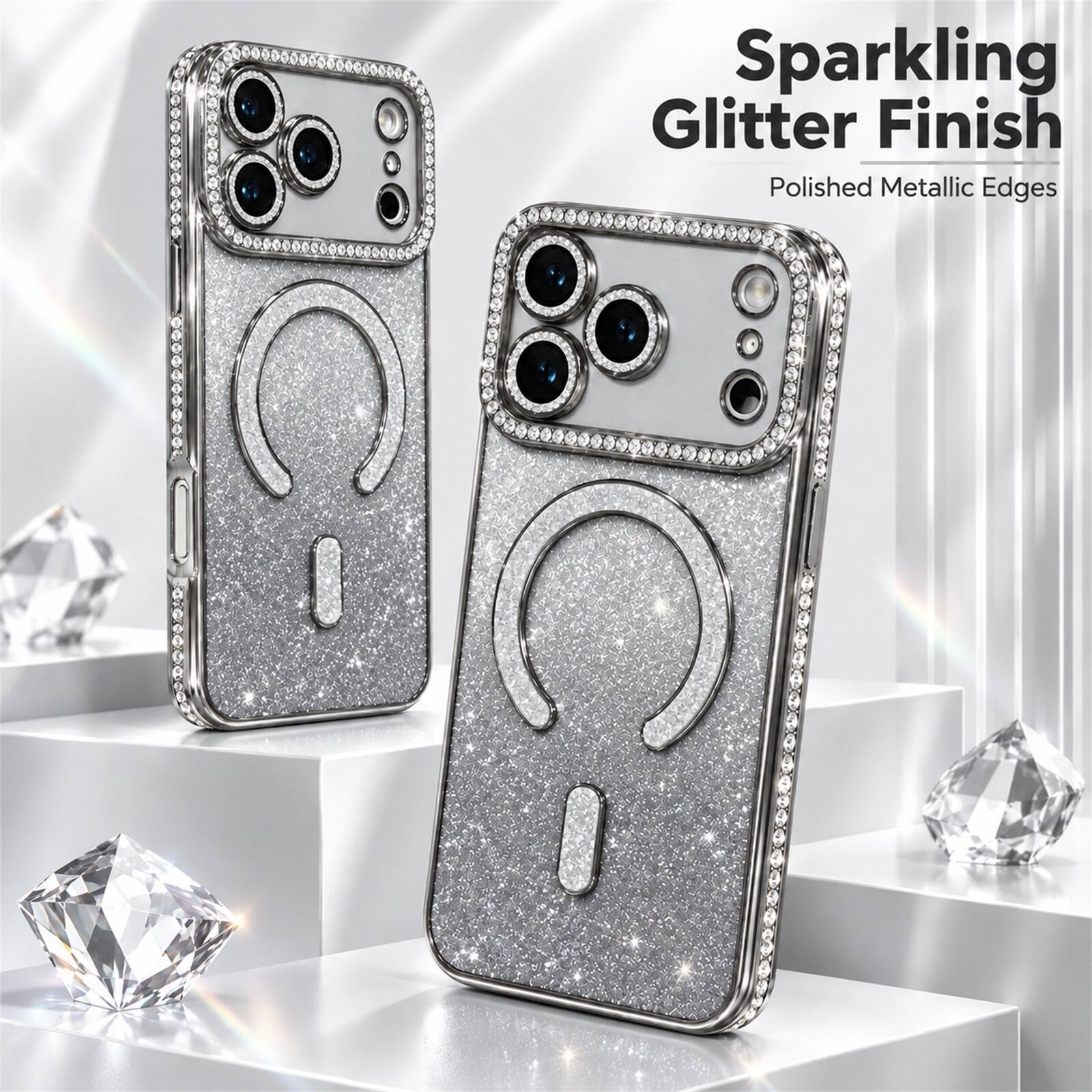 Sparkling Glitter Finish  
Polished Metallic Edges
