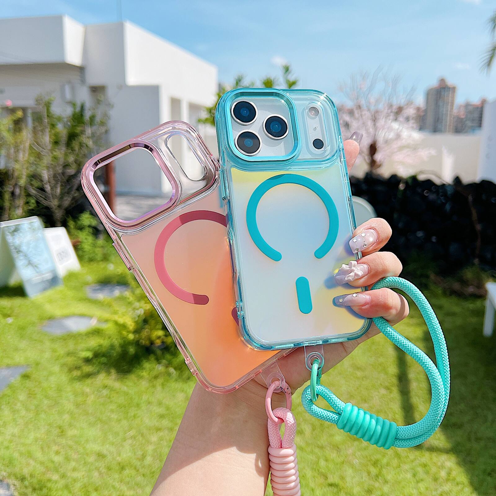Back. Dteck - Glossy Iridescent Shockproof Phone Case for Apple iPhone 17 Pro, Magnetic Protective Cover with Detachable Wrist Strap - Pink.