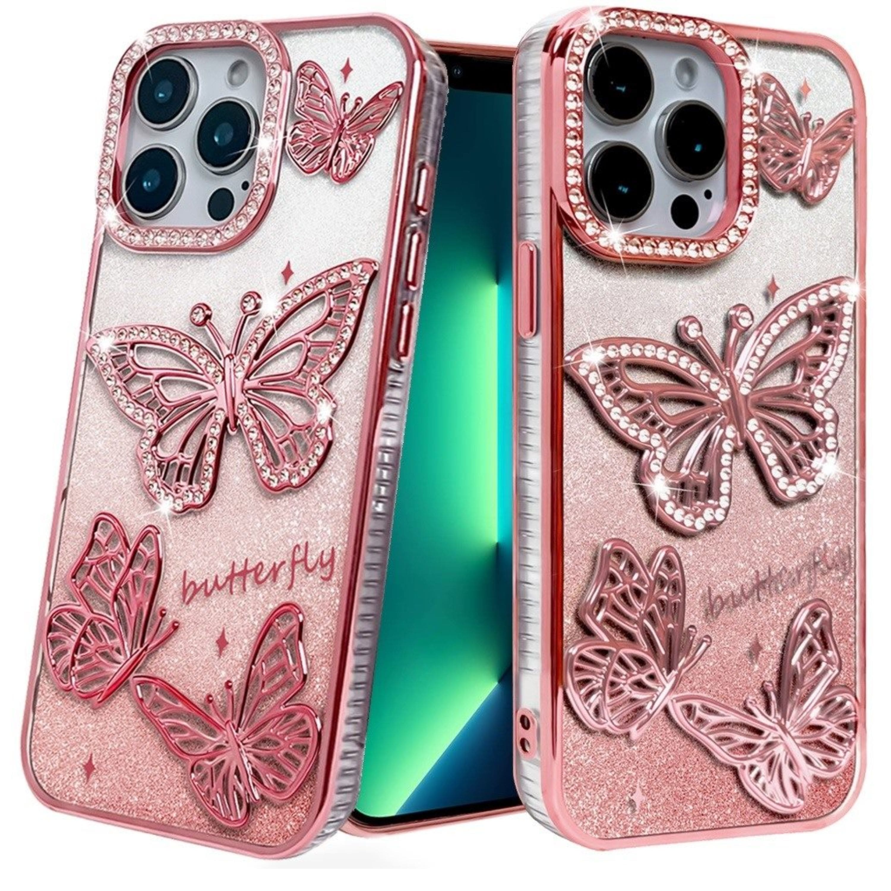 Kitcheniva - Bling Butterflies 3D Glitter Cover Plus Tempered Glass For iPhone 15 Pro Max - Rose Gold price history on PriceWatchPro
