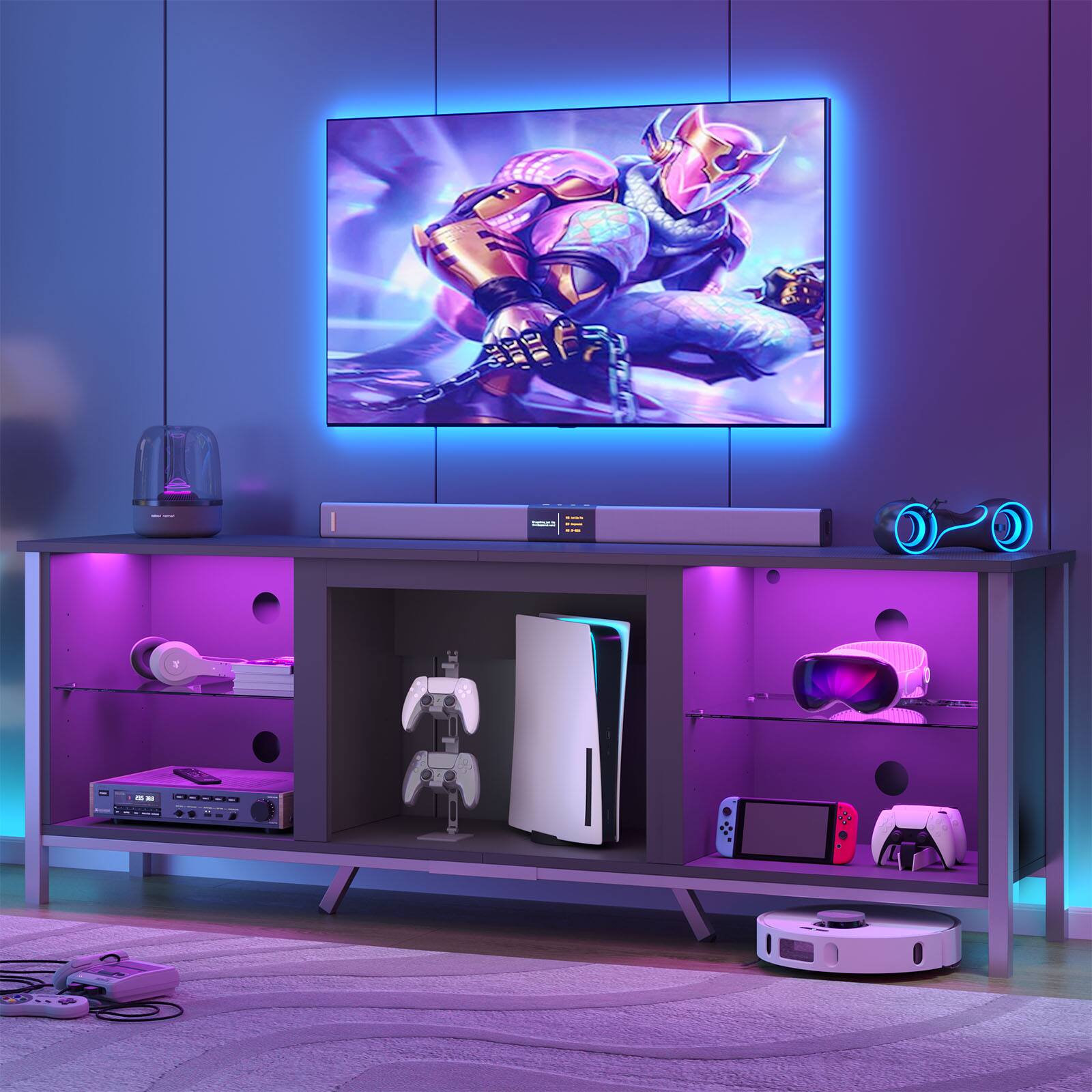 Left. Bestier - 70inch TV Stand LED Entertainment Center for TVs Up to 80" - Black Carbon Fiber.