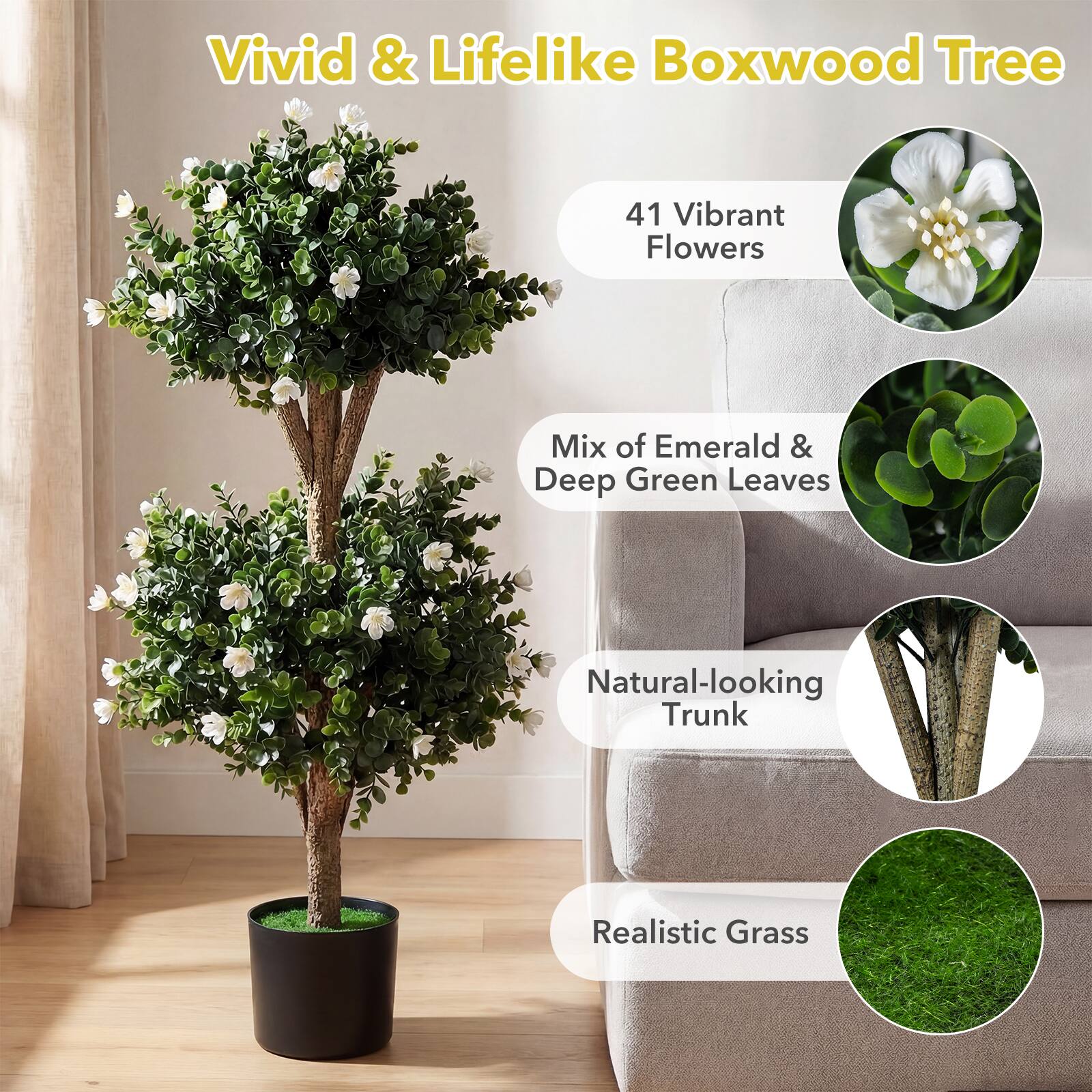 Vivid & Lifelike Boxwood Tree

- 41 Vibrant Flowers
- Mix of Emerald & Deep Green Leaves
- Natural-looking Trunk
- Realistic Grass
