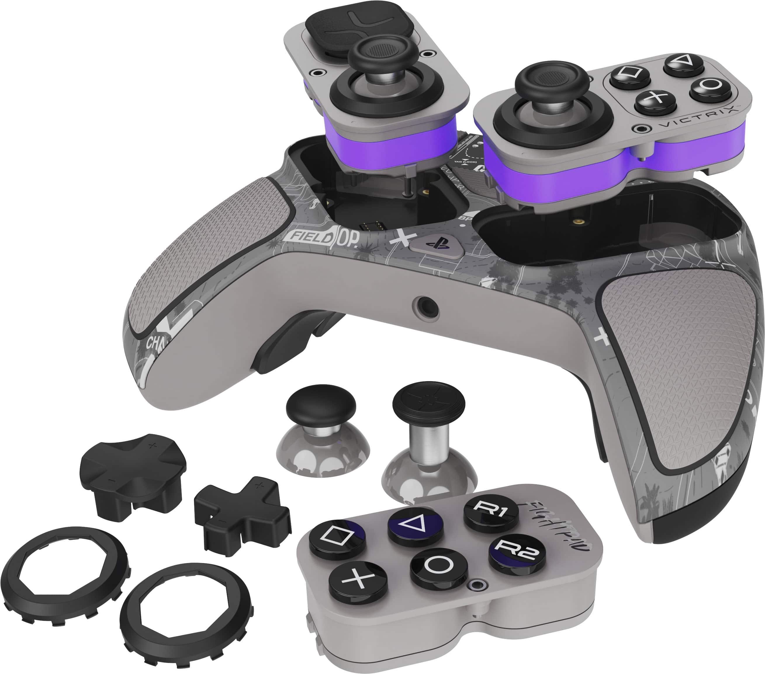 The image features a PlayStation 3 controller with a camouflage design. The controller is equipped with a DualShock 3 and a DualShock 4, and it has a purple and black color scheme. The controller is accompanied by a set of accessories, including a wrist strap, a thumb grip, and a trigger grip. The controller is also shown with a set of extra buttons, including R1, R2, and L1.