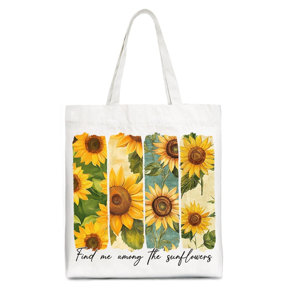 OrnamentallyYou - Find Me Among the Sunflowers Floral Canvas Tote Bag, Trendy Women Gift - White