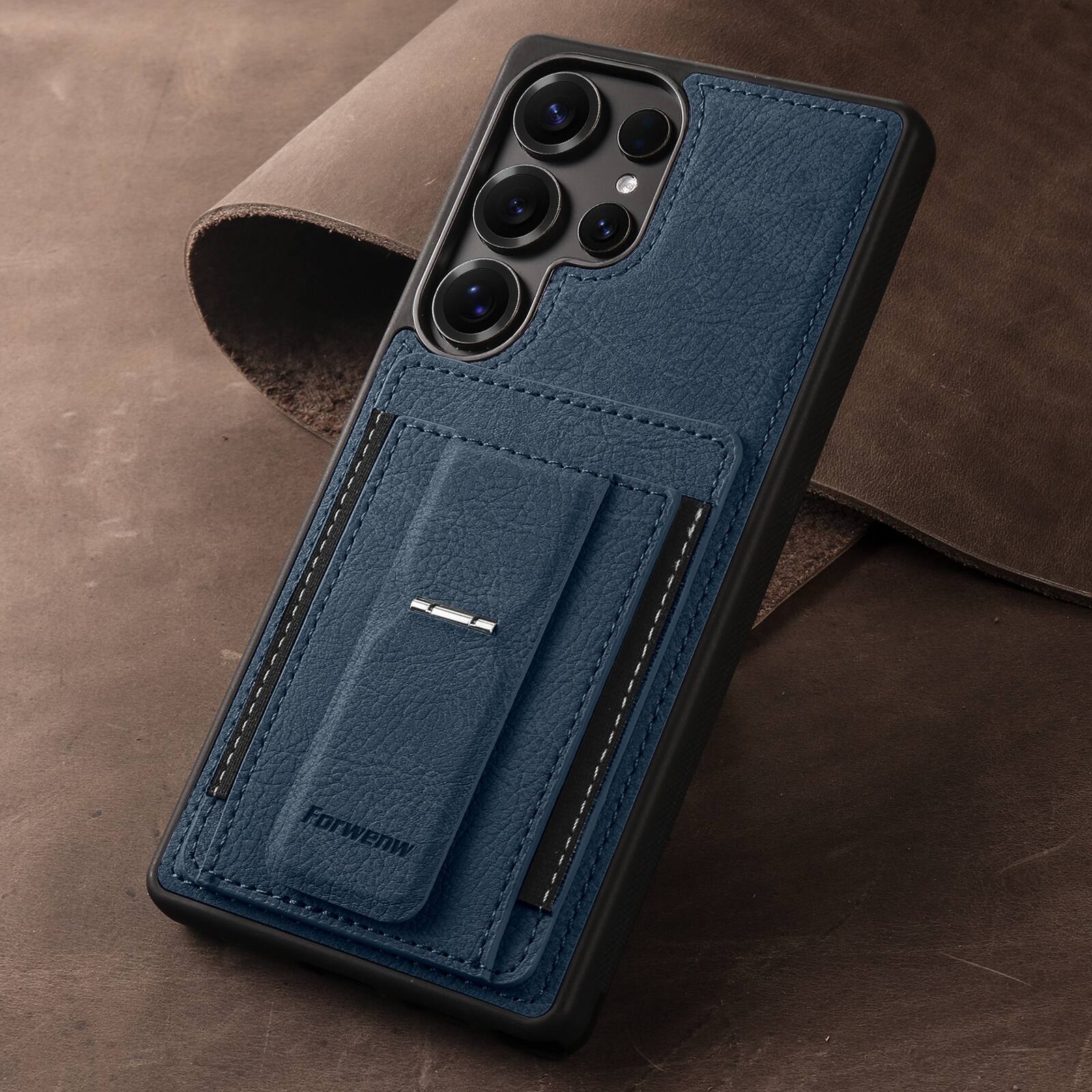 Left. Dteck - Slim Card Holder Case for Samsung Galaxy S26 Ultra, Shockproof Wallet Protective Cover with Kickstand - Blue.