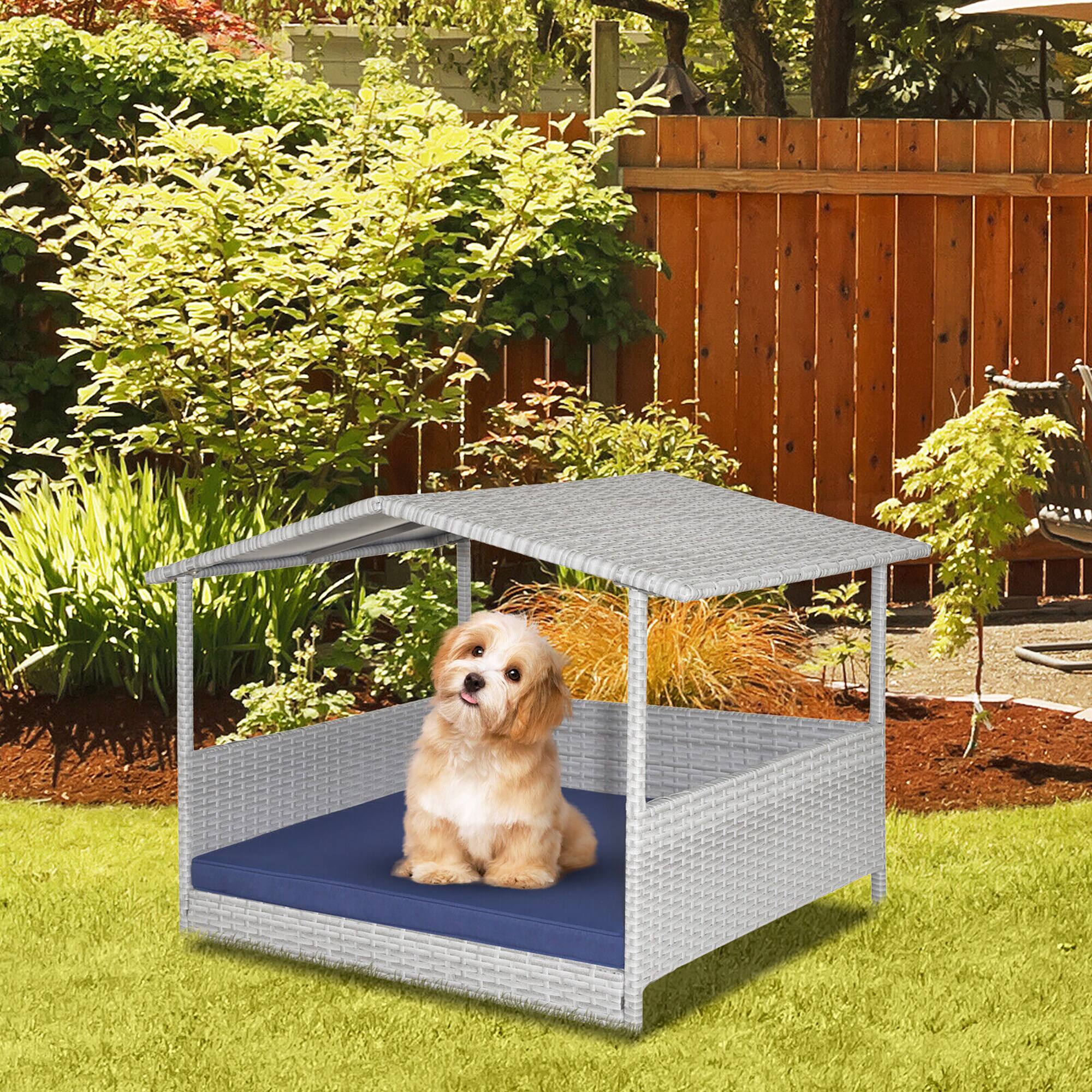 Alt View 3. Gymax - Gymax Wicker Dog House Weather-Resistant Raised Rattan Pet Bed w/ Detachable Cushion.