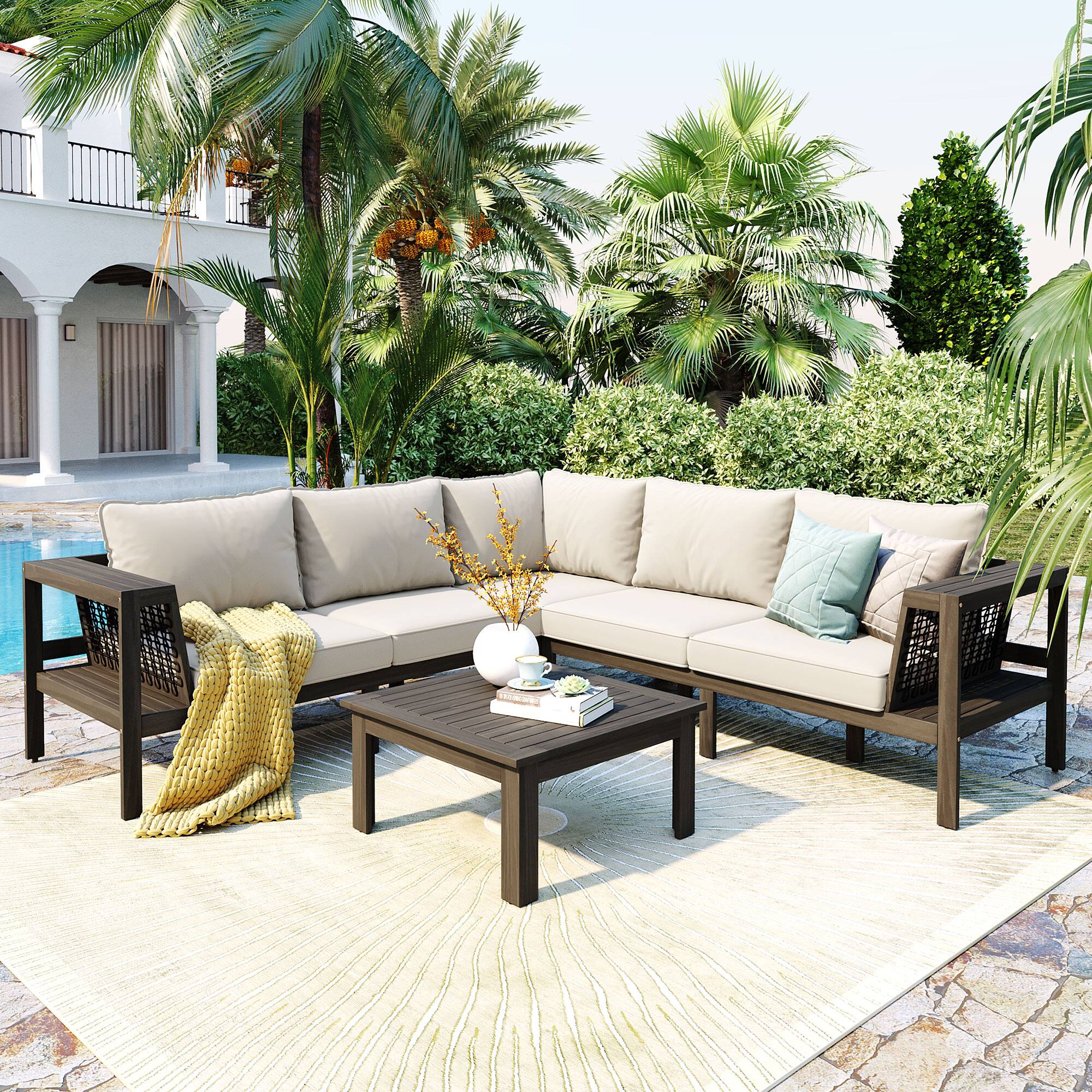 Angle. Siljoy - 4-Piece L-Shaped Acacia Wood Patio Sofa Set, Mesh Armrests, Coffee & Side Tables, Beige Cushions - White.